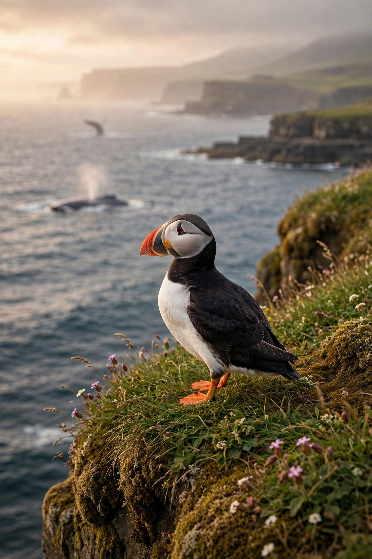 Atlantic puffin with its colourful beak standing on a grassy cliff edge in Iceland