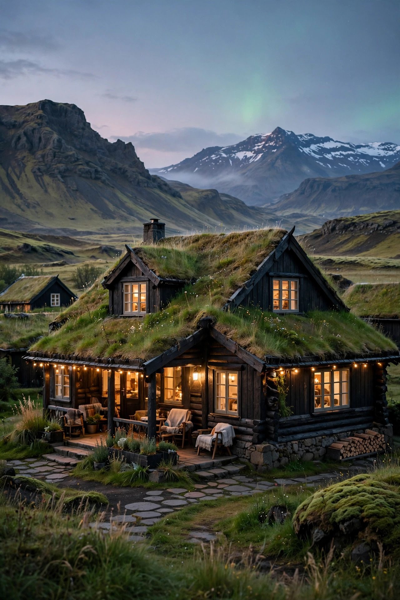 Cosy Icelandic countryside hotel with turf-roof details and mountain views in soft evening light