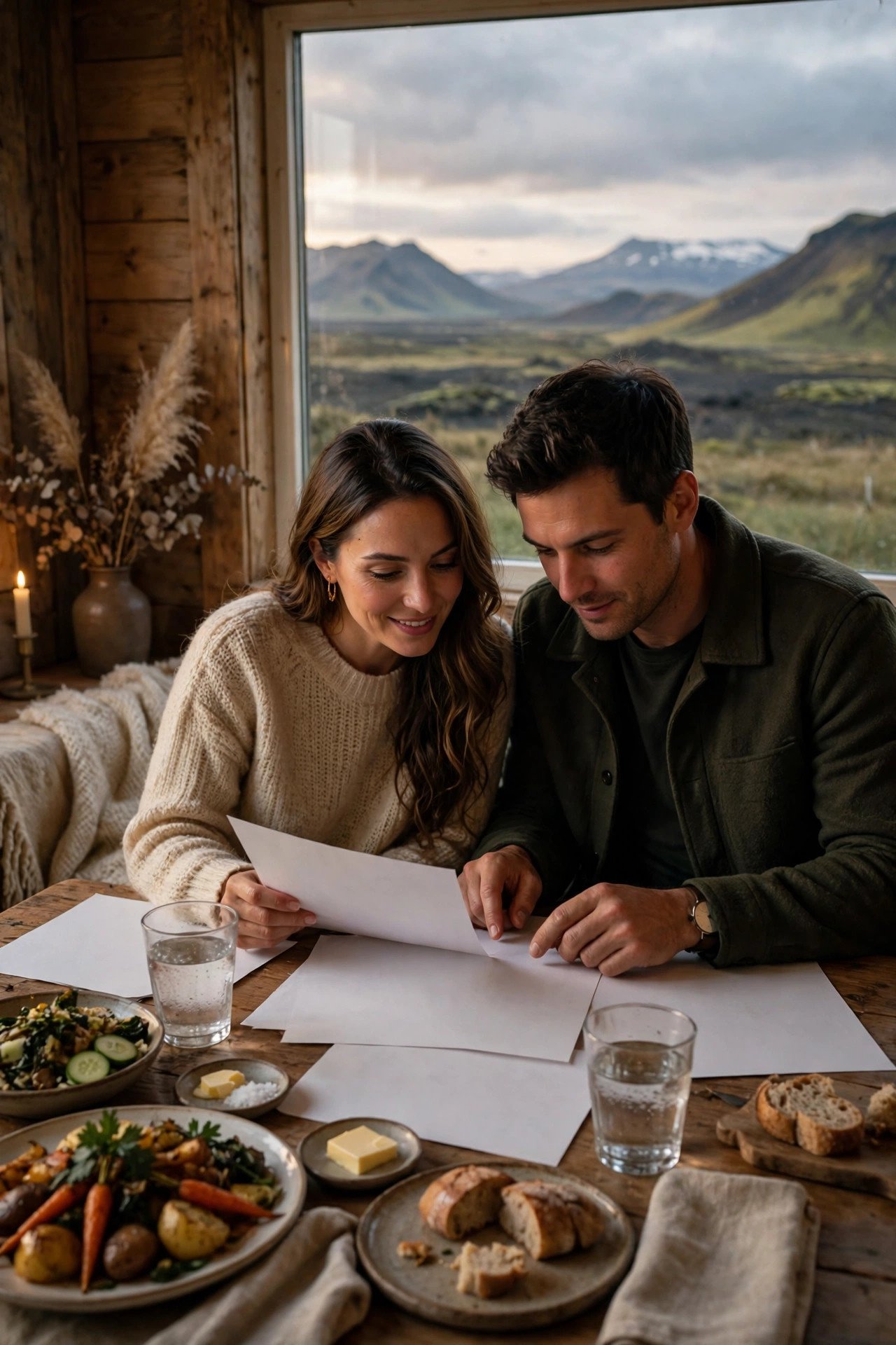 Couple enjoying a farm-hotel dinner in Iceland while reviewing the next day's road trip route
