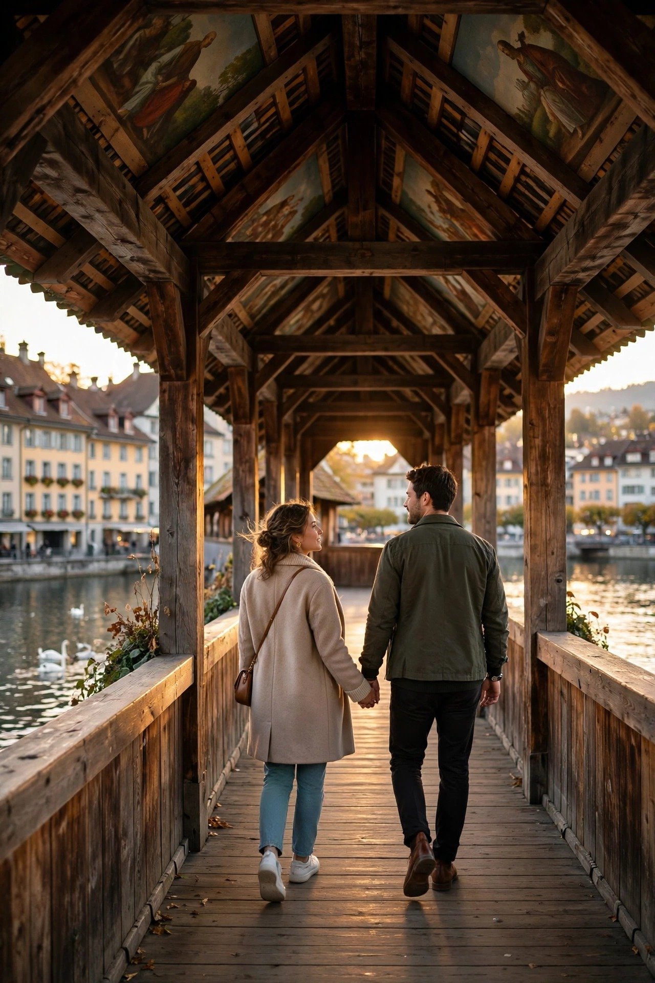 Couple walking across the wooden Chapel Bridge in Lucerne old town at golden hour