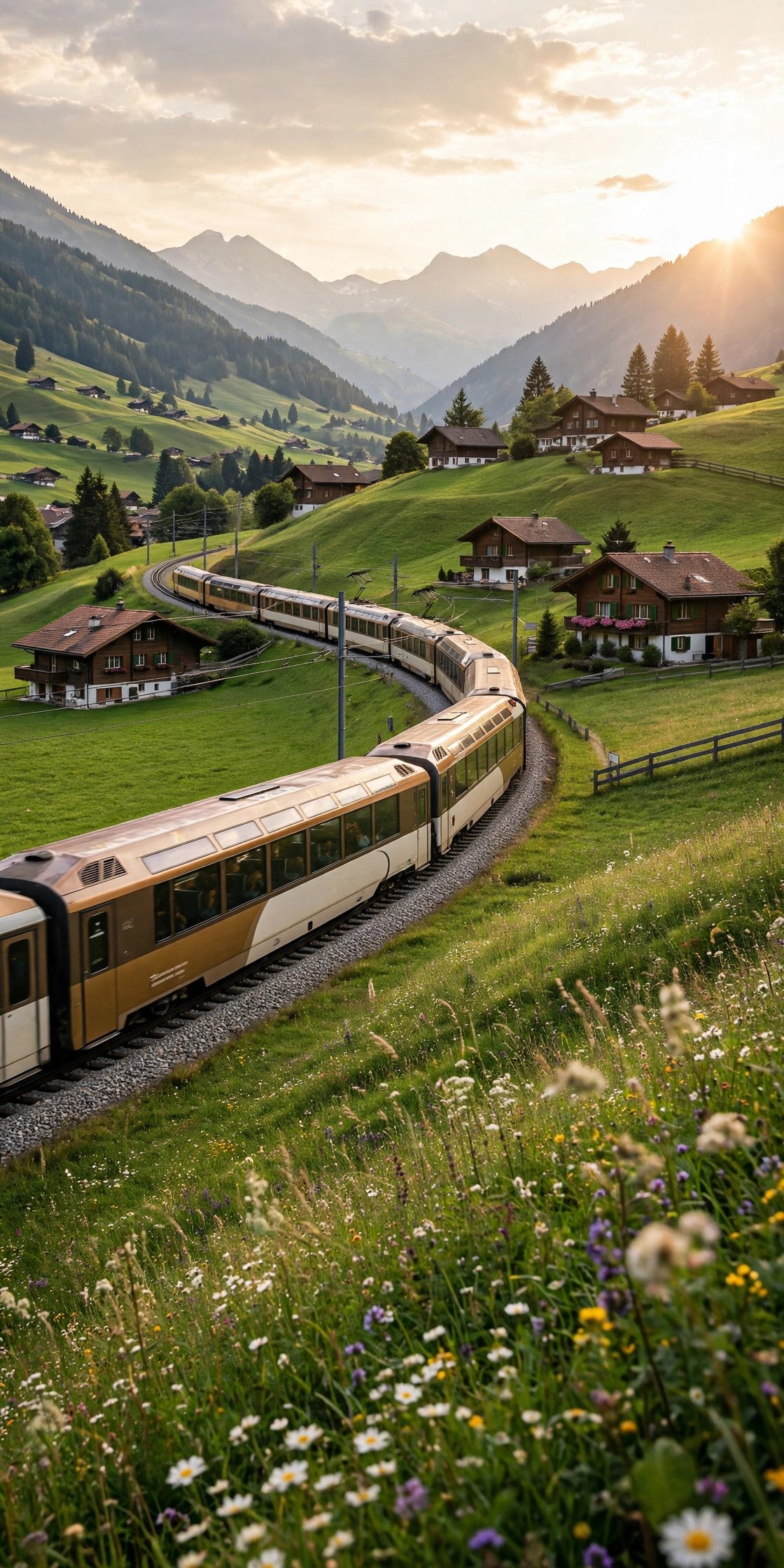 GoldenPass panoramic train passing green meadows and chalets between Lucerne and Montreux