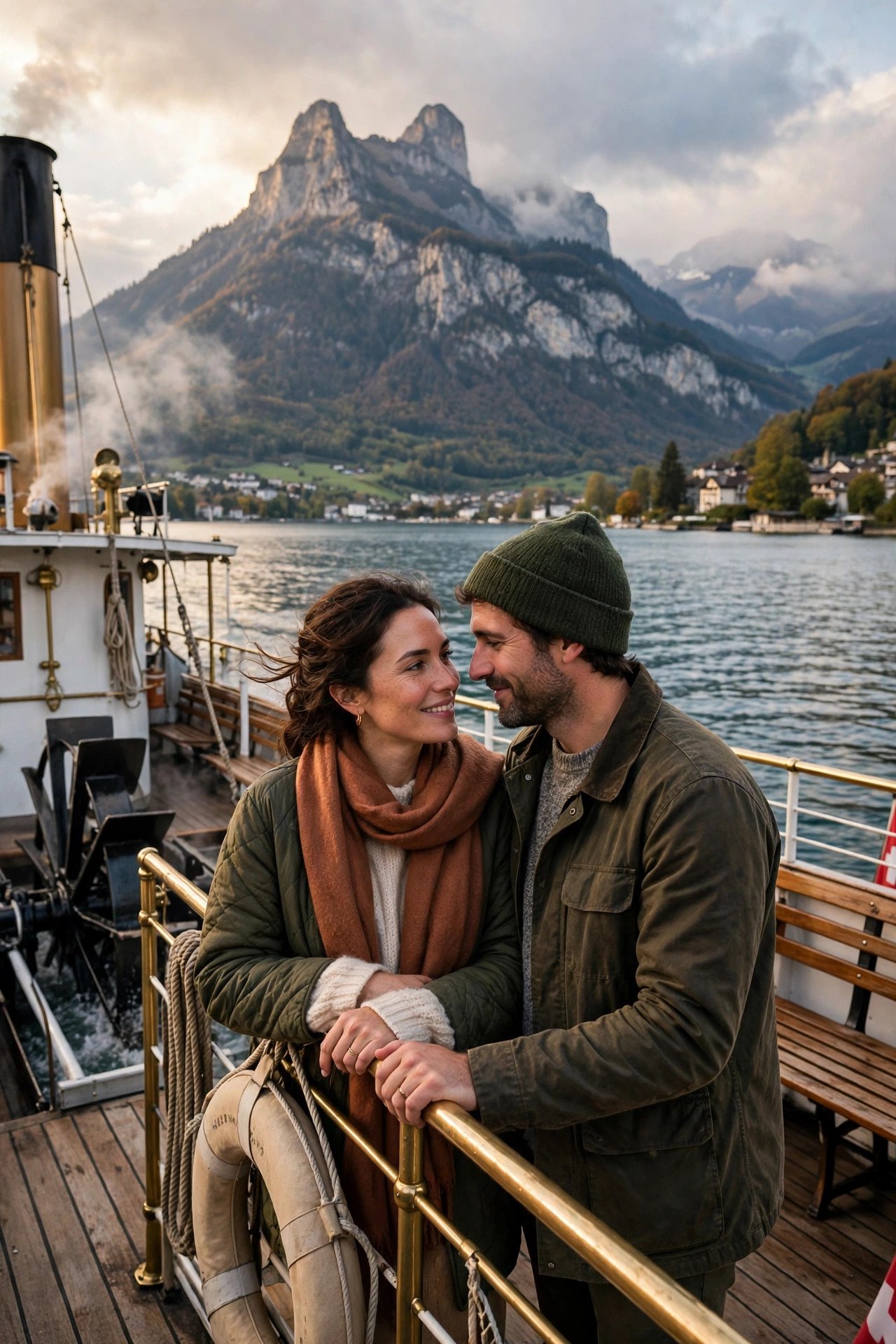 Couple on the deck of a vintage paddle steamer crossing Lake Lucerne toward Mount Pilatus