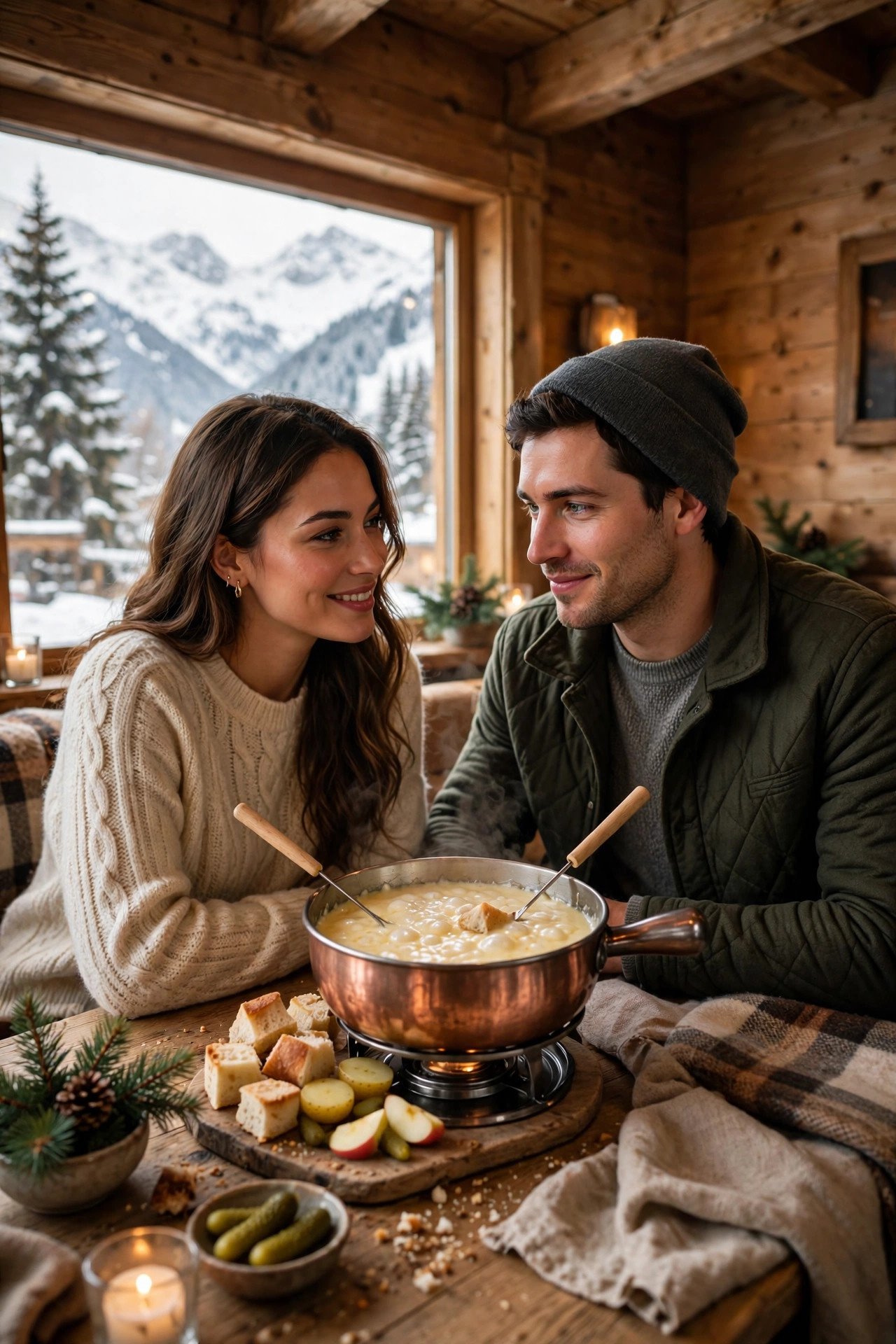 Couple sharing a bubbling cheese fondue pot in a cozy wooden mountain restaurant in Switzerland
