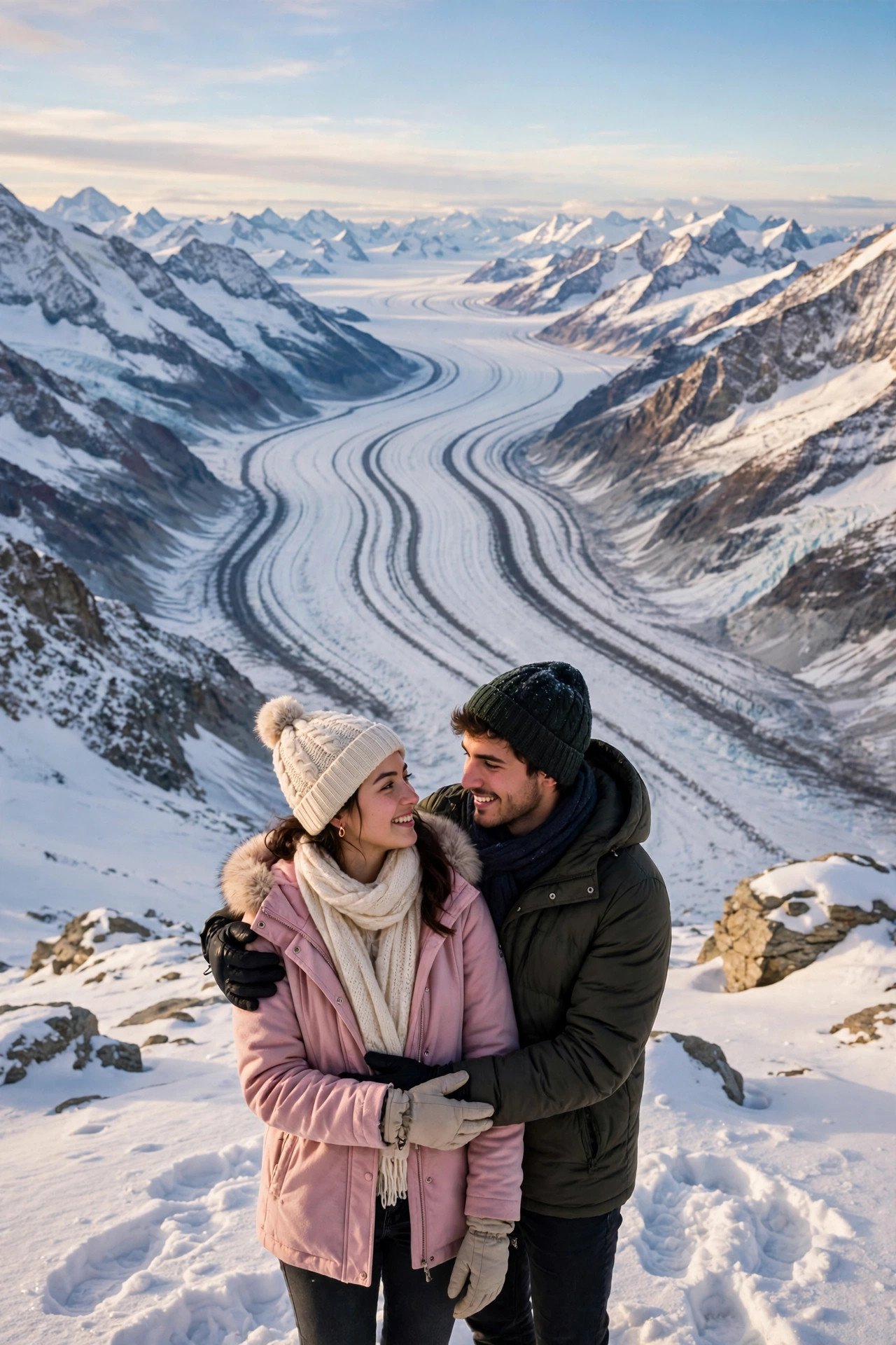 Couple standing on the snowy Jungfraujoch plateau with the Aletsch Glacier stretching behind them