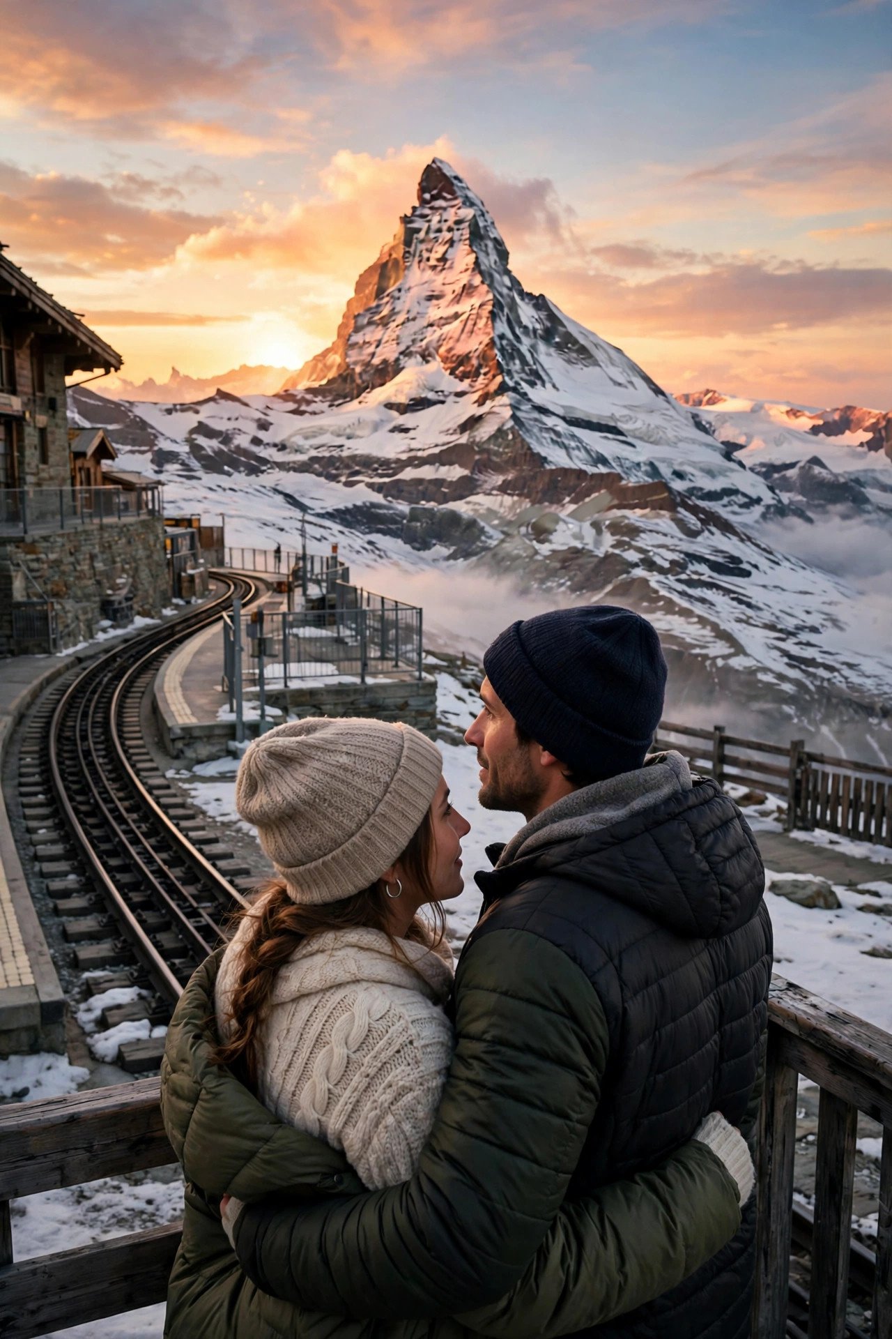 Couple watching sunrise over the Matterhorn from the Gornergrat railway summit station