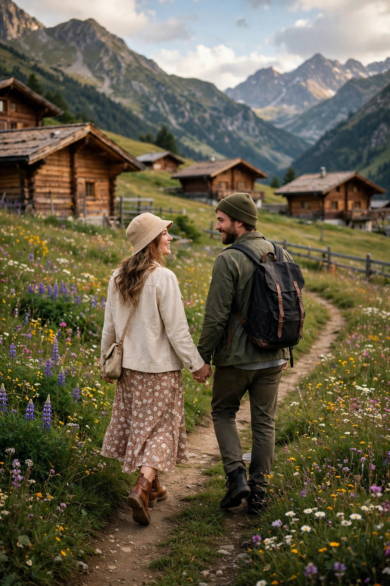 Couple walking a gentle alpine meadow trail surrounded by wildflowers and wooden chalets
