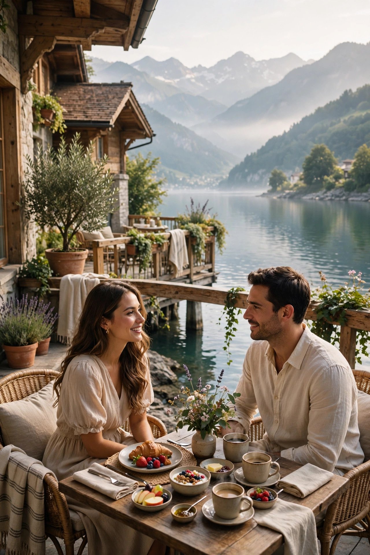 Elegant lake-view hotel terrace in Switzerland where a couple enjoys breakfast above the water