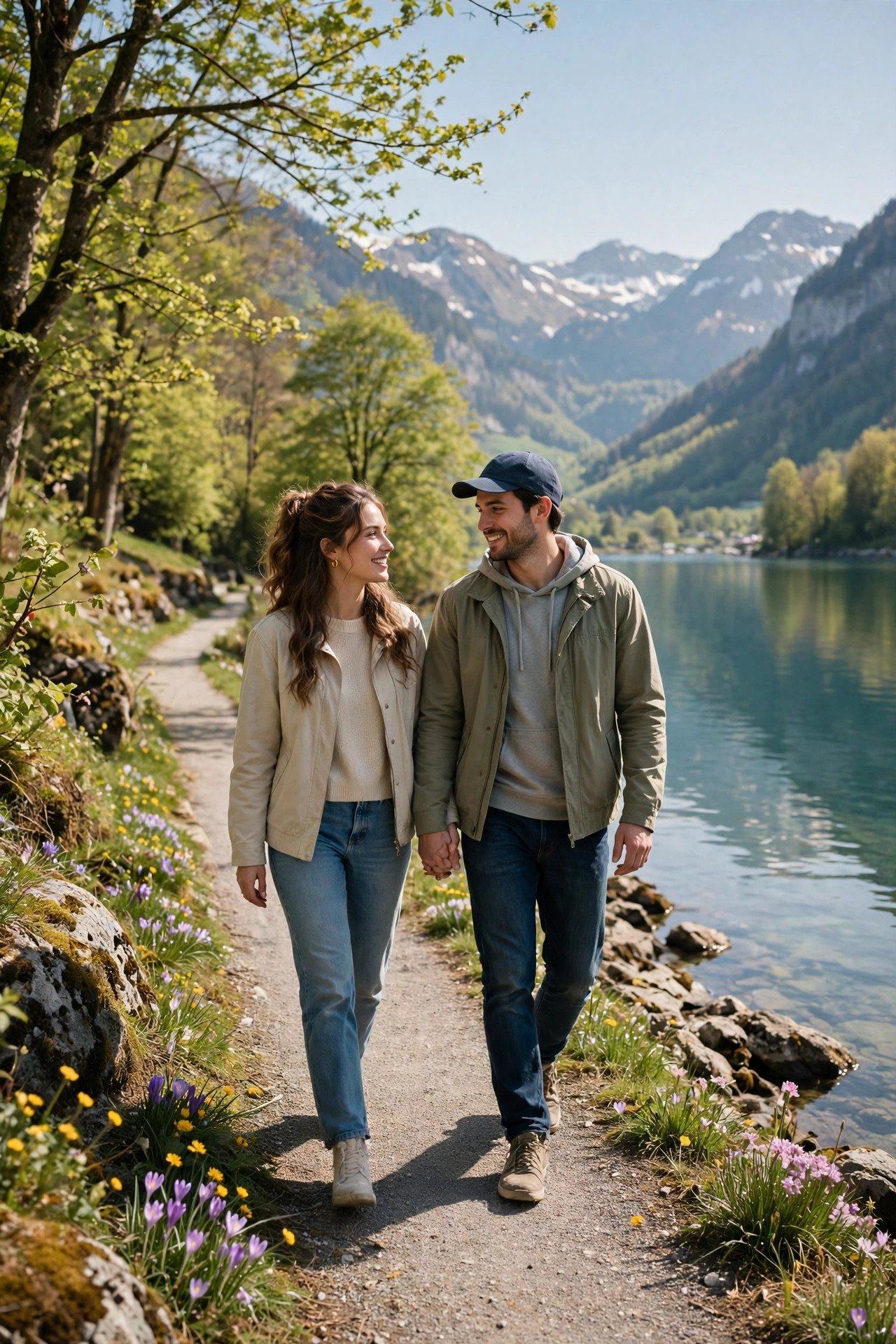 Couple in light jackets walking a Swiss lakeside path in late spring sunshine