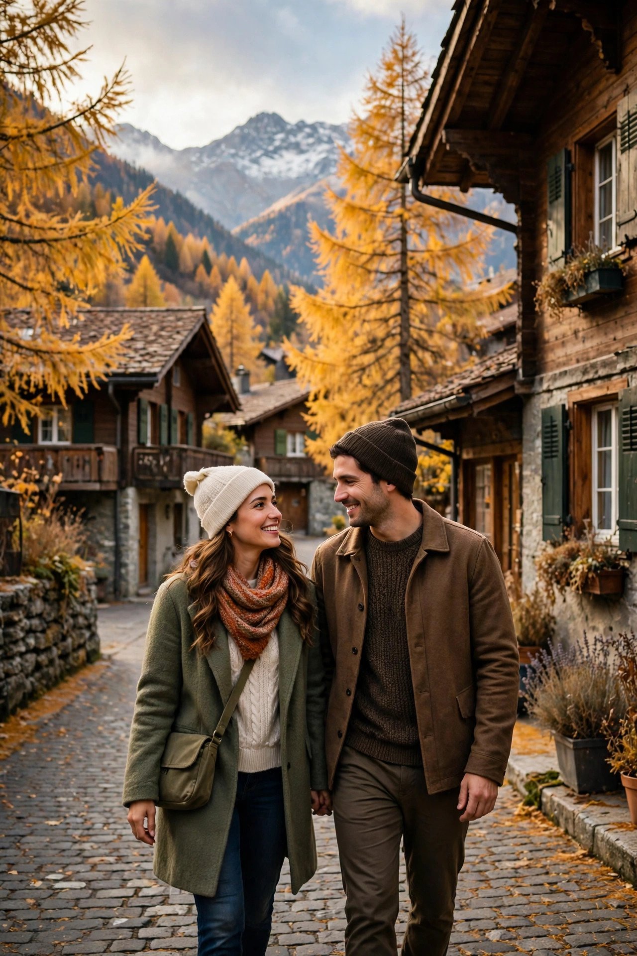 Couple enjoying a quiet Swiss mountain village street in October with golden larch trees