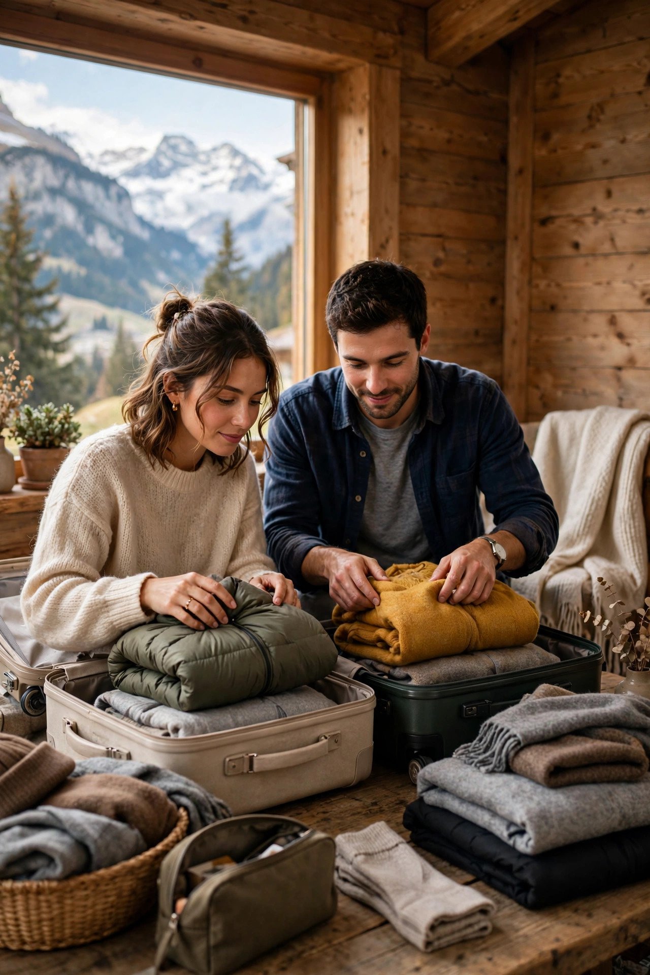 Couple packing layers and jackets into suitcases for a Swiss mountain honeymoon