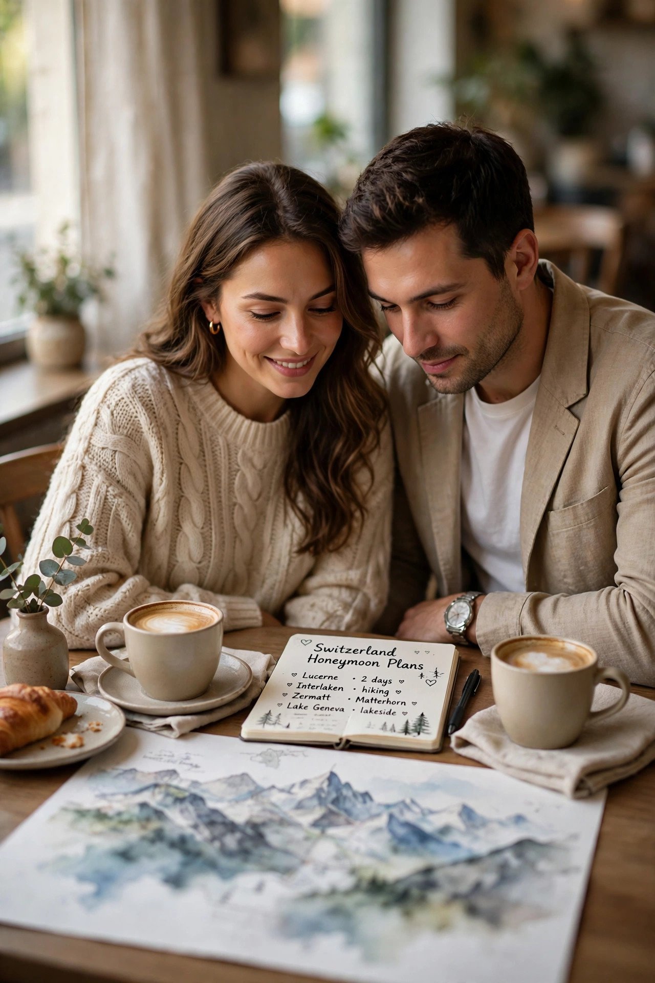 Couple reviewing their Switzerland honeymoon budget over coffee with a map of the Alps