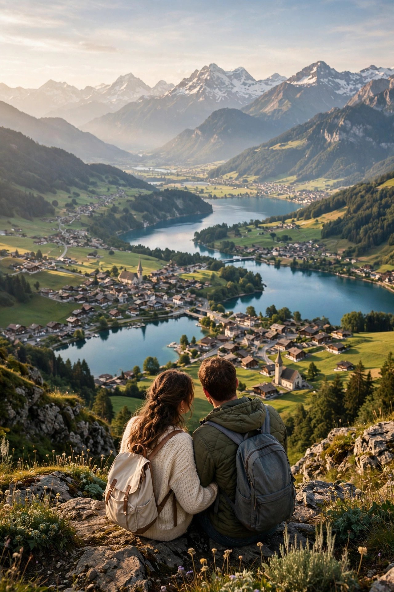 Map-style view of a couple's seven-day Switzerland honeymoon route across lakes and alpine villages