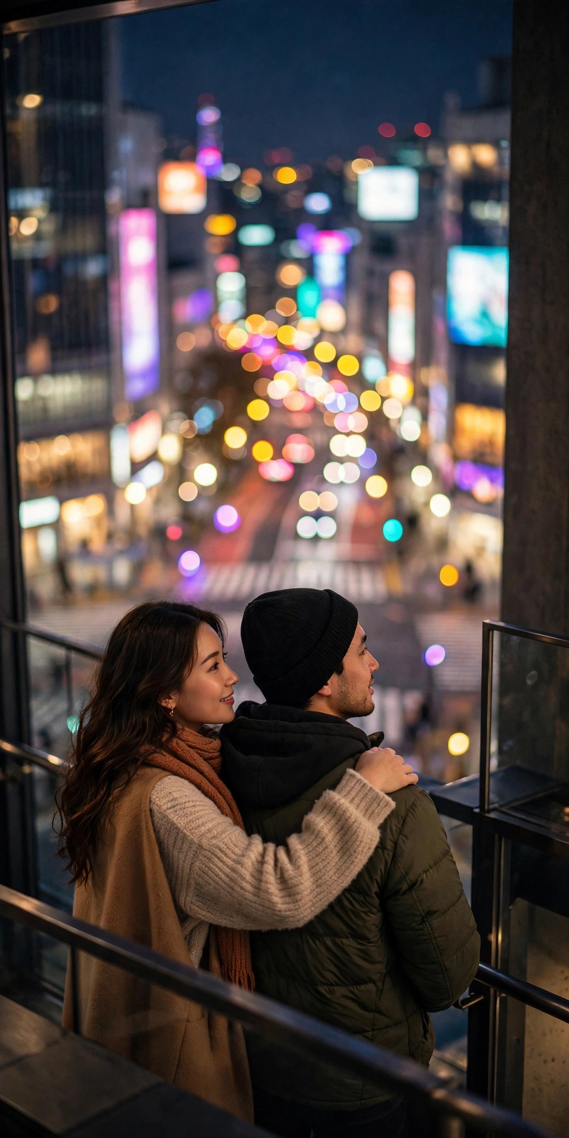 Couple watching the neon scramble of Shibuya Crossing from a high observation deck at night