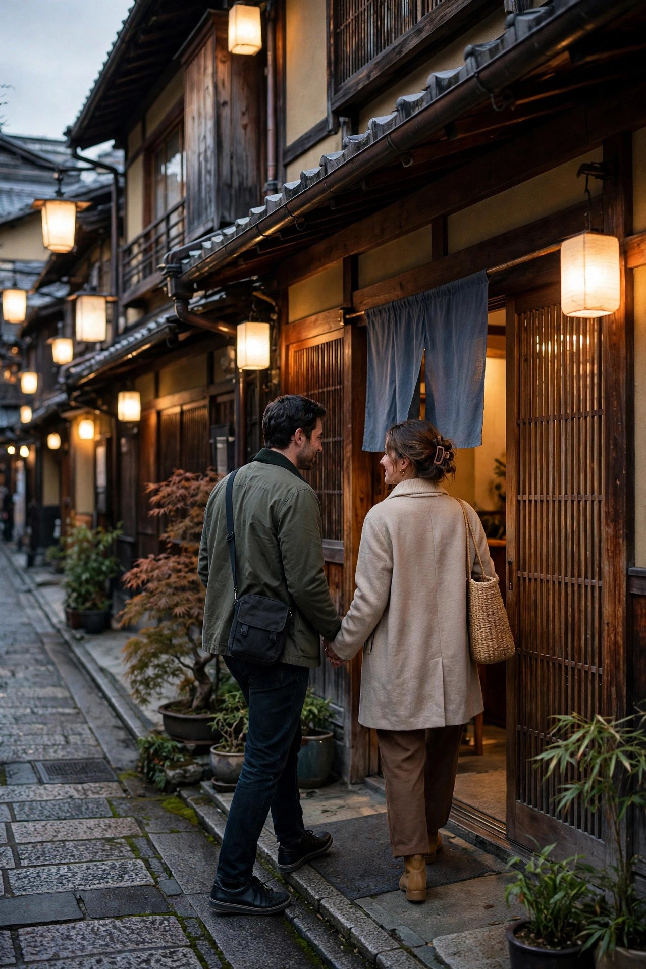 Couple entering a wooden machiya townhouse on a lantern-lit lane in Kyoto's Gion district