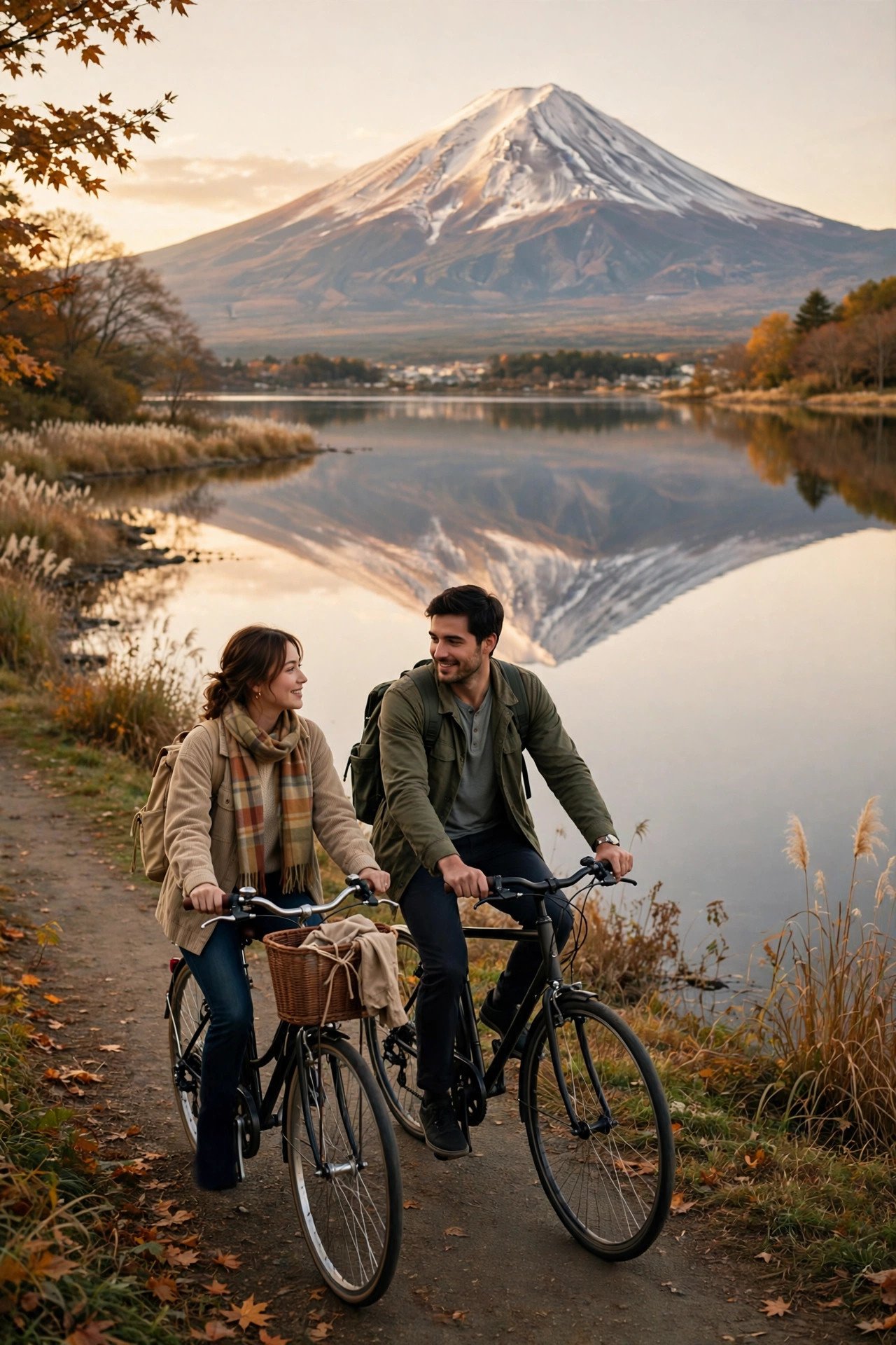 Couple cycling along Lake Kawaguchi with a perfect reflection of Mount Fuji in the water