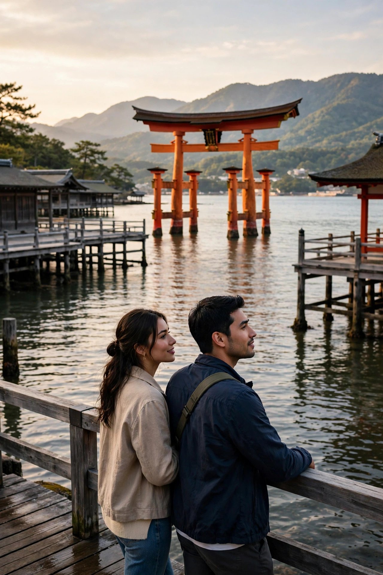 Couple viewing the floating torii gate of Itsukushima shrine on Miyajima island at high tide