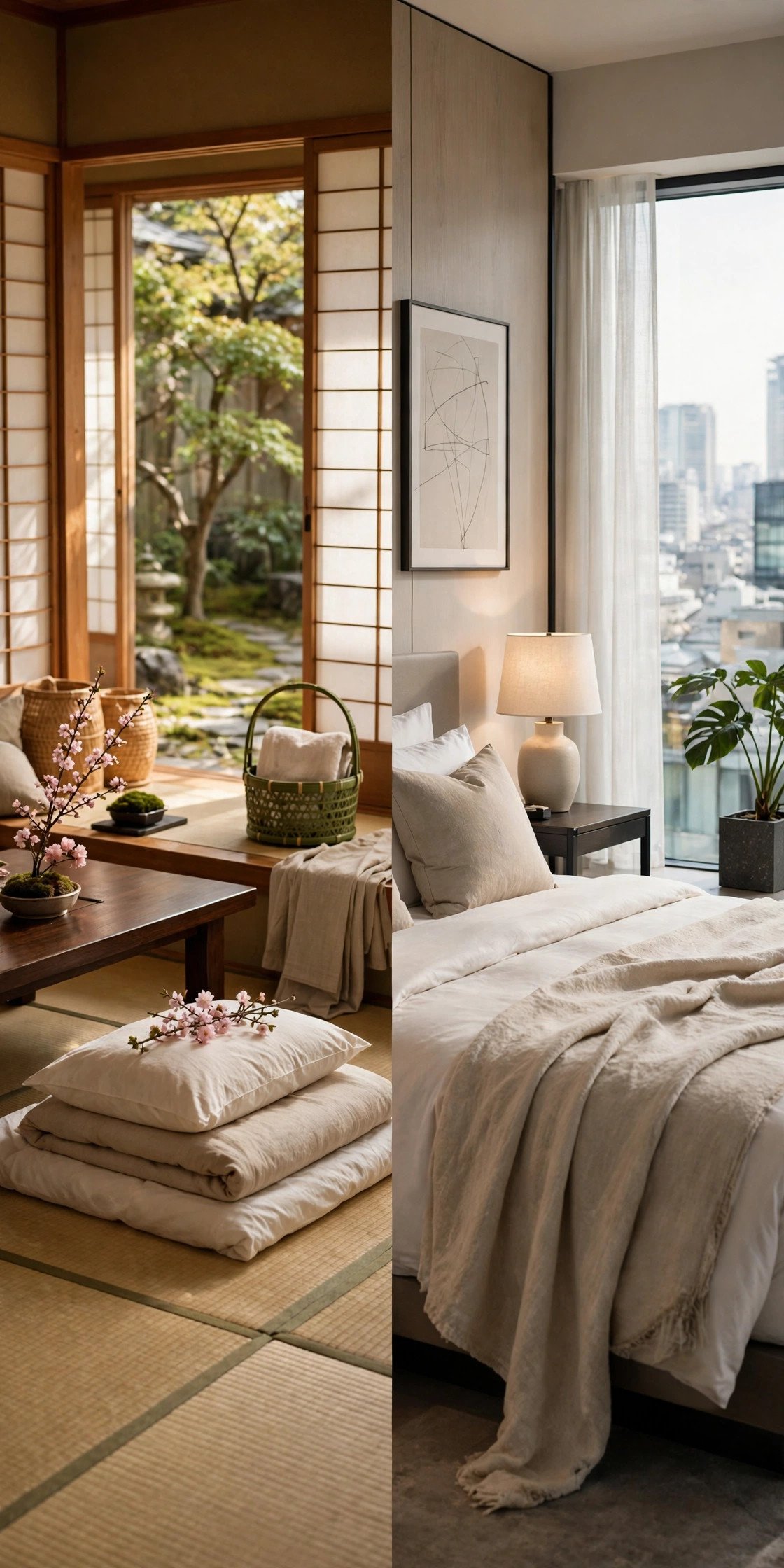 Split view of a tatami ryokan room and a modern Tokyo hotel room for a Japan honeymoon