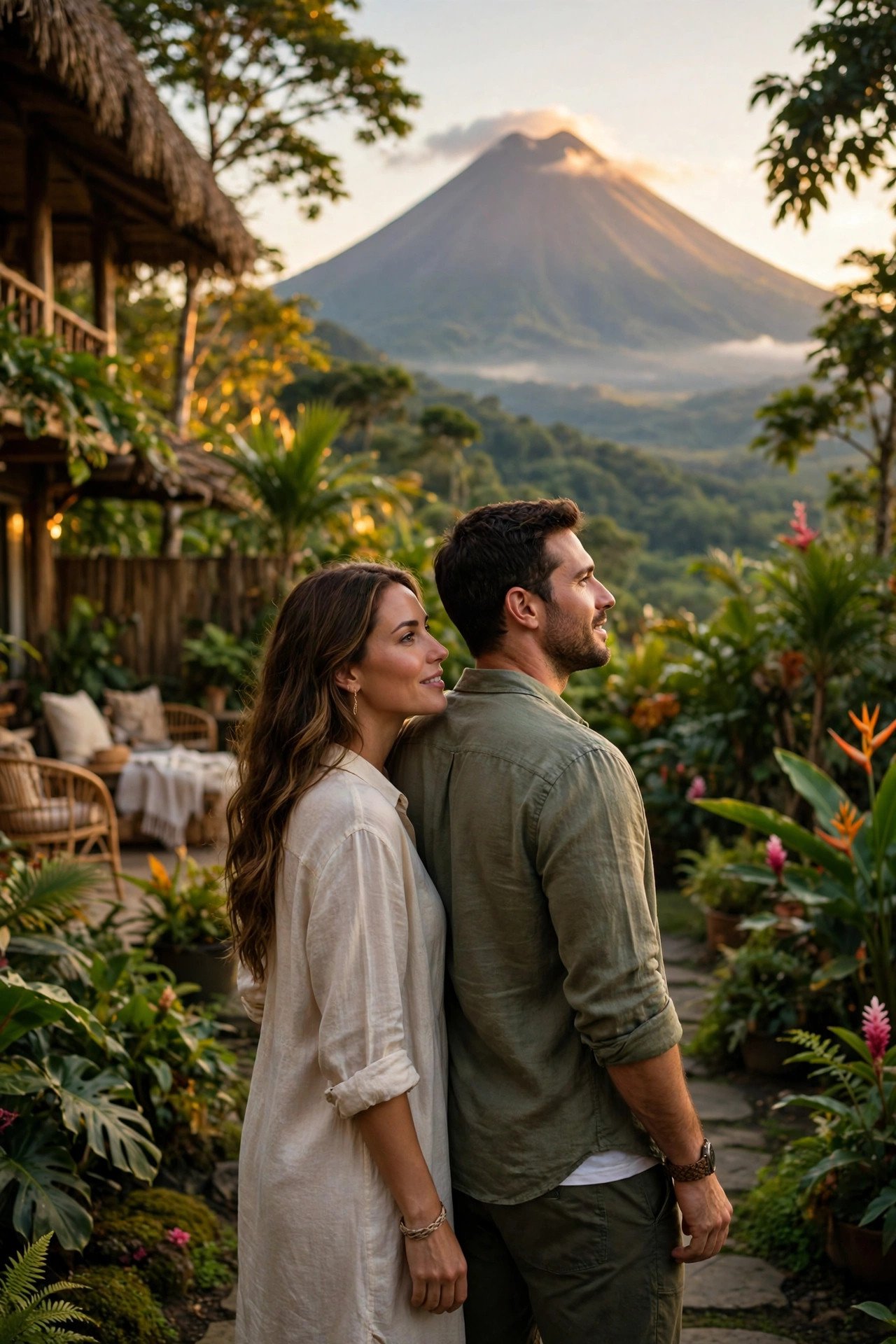 Couple viewing Arenal volcano from the garden path of their La Fortuna lodge at golden hour