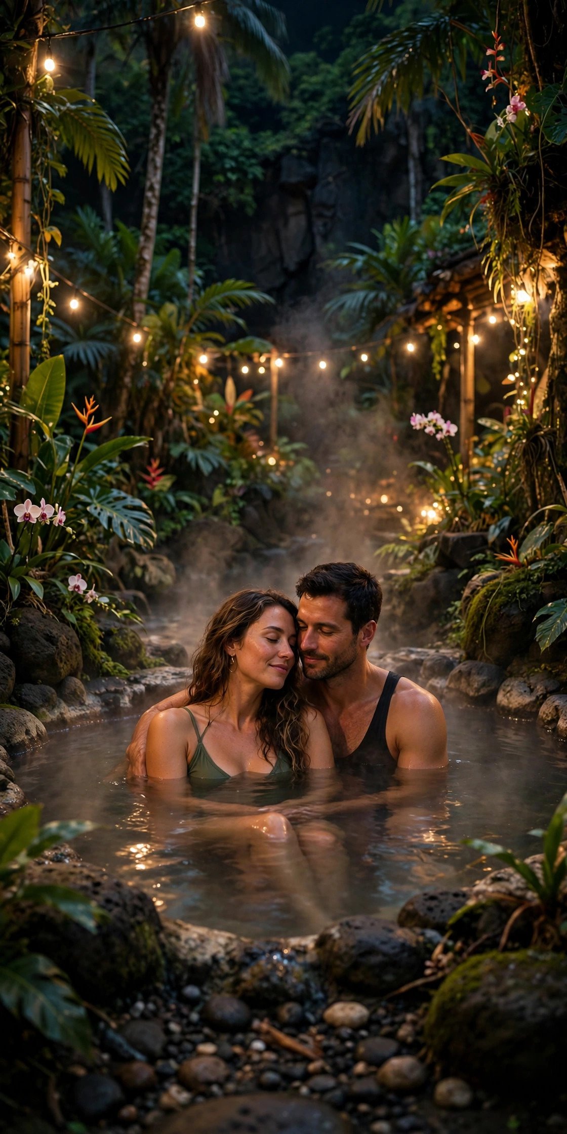 Couple relaxing in a steaming volcanic hot spring pool surrounded by tropical gardens at night