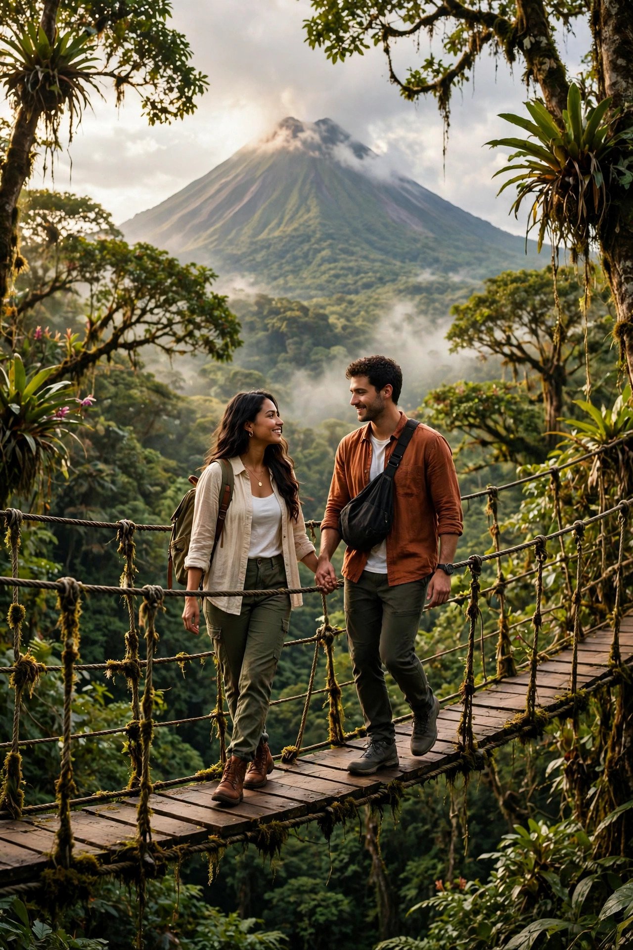 Couple crossing a hanging bridge high in the rainforest canopy near Arenal volcano