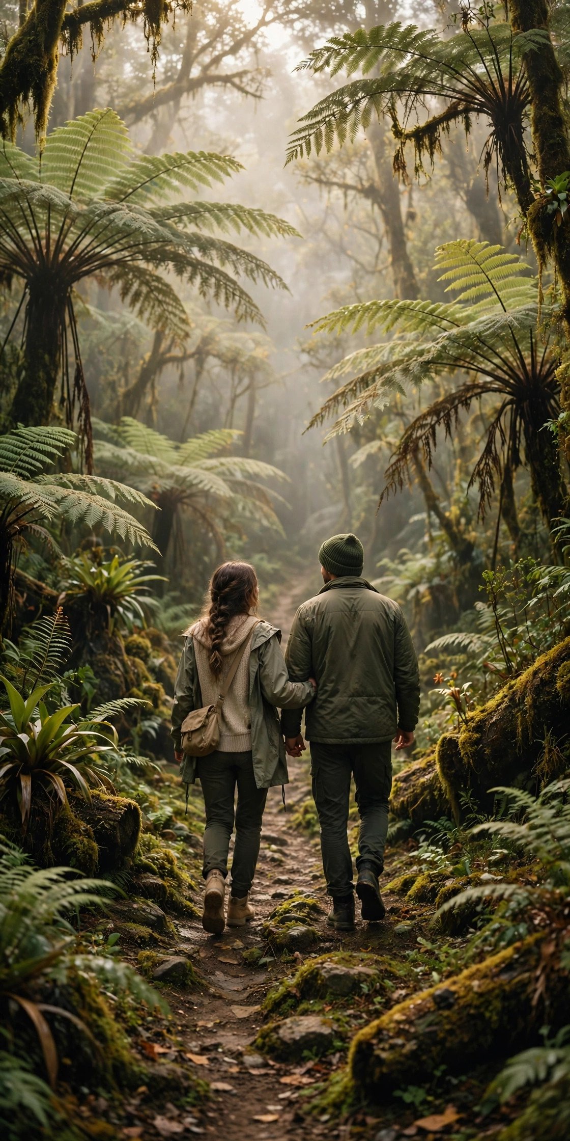 Couple walking a misty trail through the Monteverde cloud forest surrounded by giant ferns