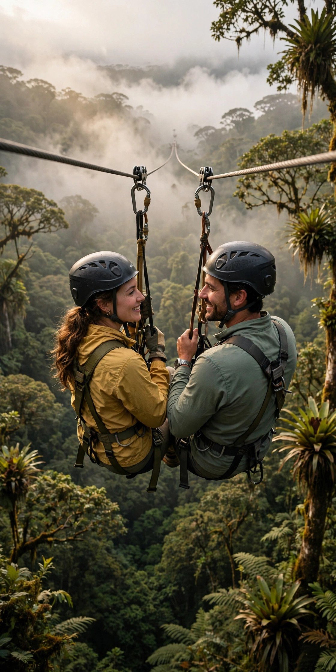 Couple zip-lining side by side above the Monteverde cloud forest canopy in Costa Rica