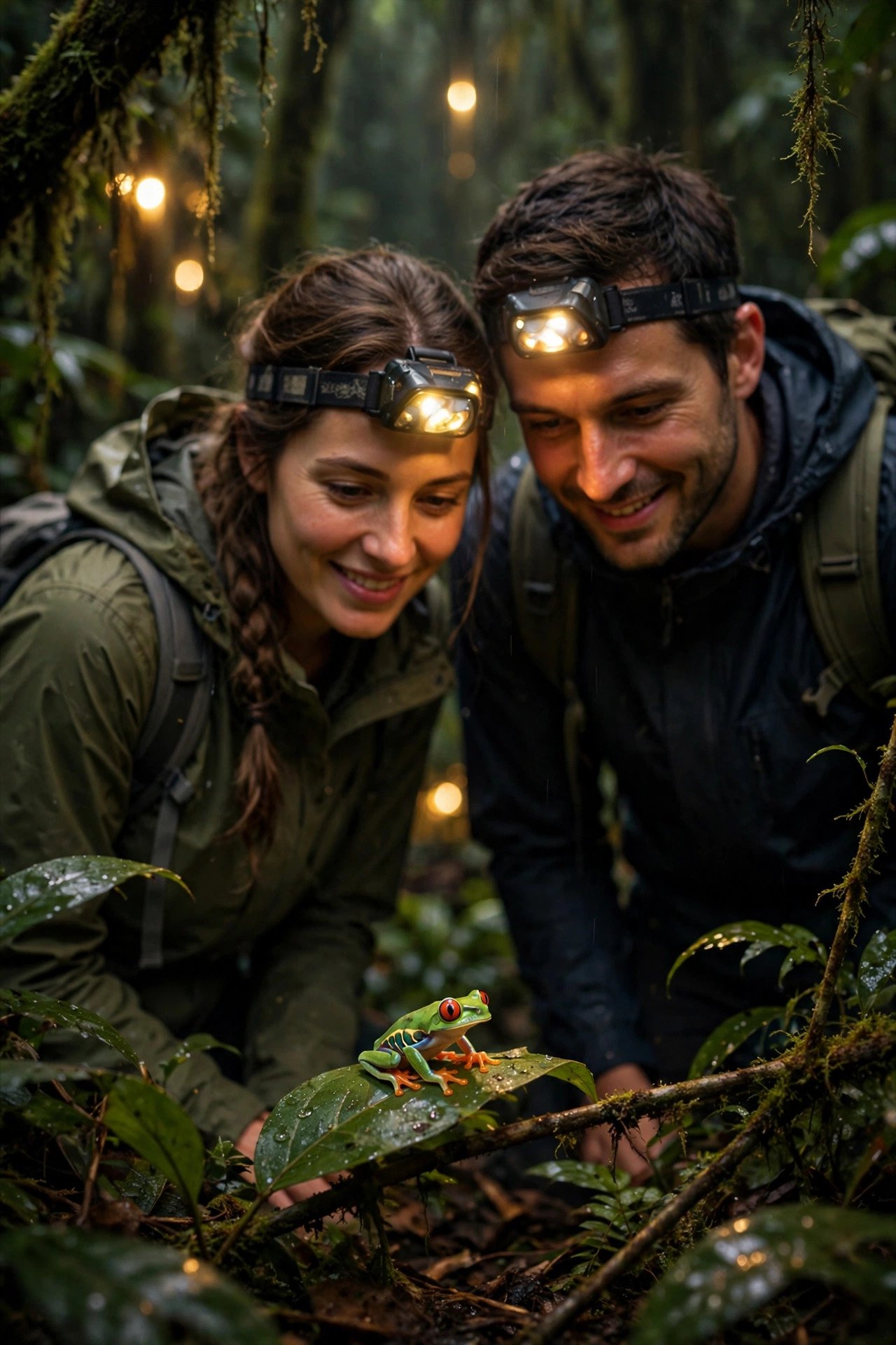 Couple on a guided night walk spotting a tiny red-eyed tree frog on a leaf in Costa Rica