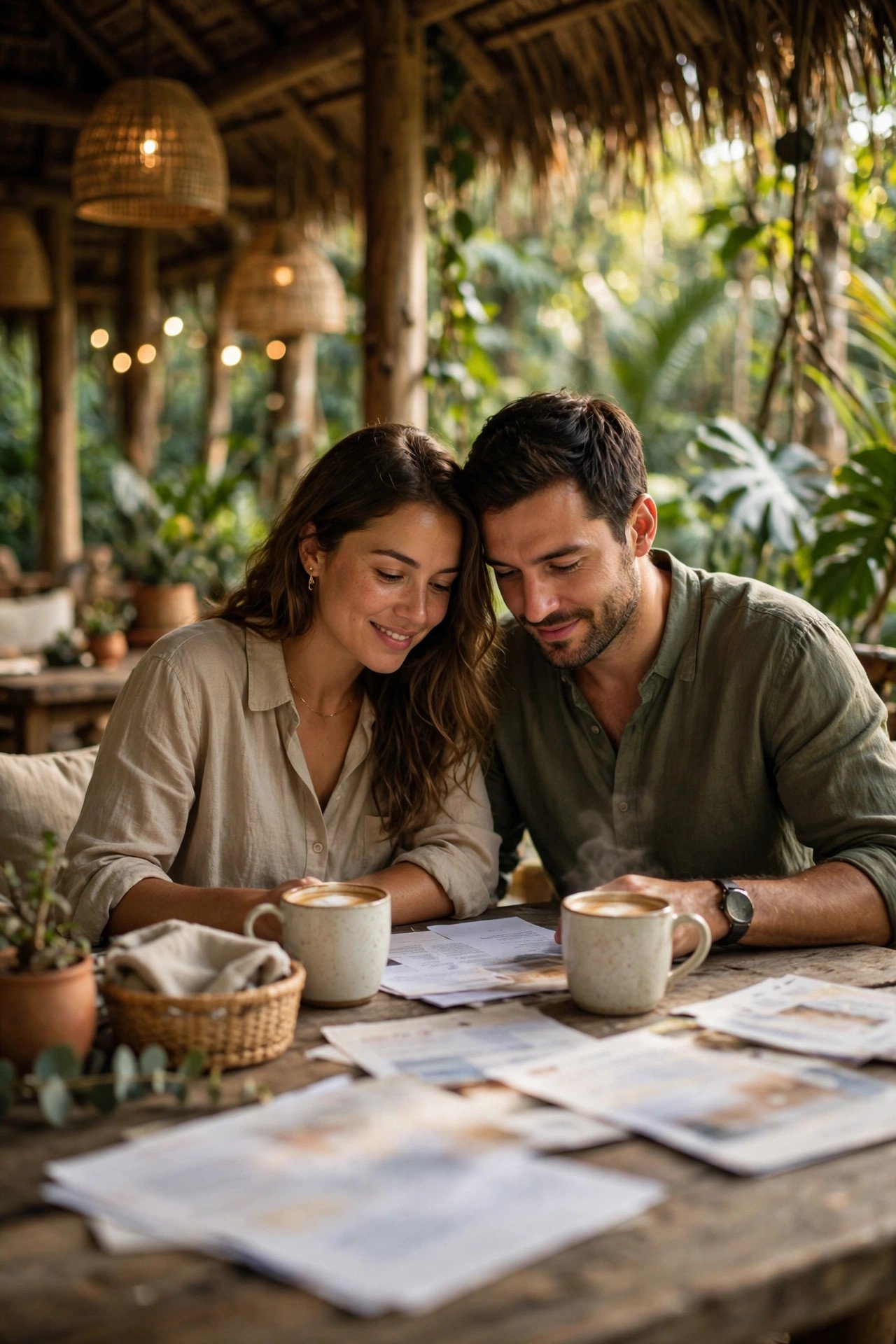 Couple reviewing their Costa Rica honeymoon plans and budget over coffee at a jungle lodge