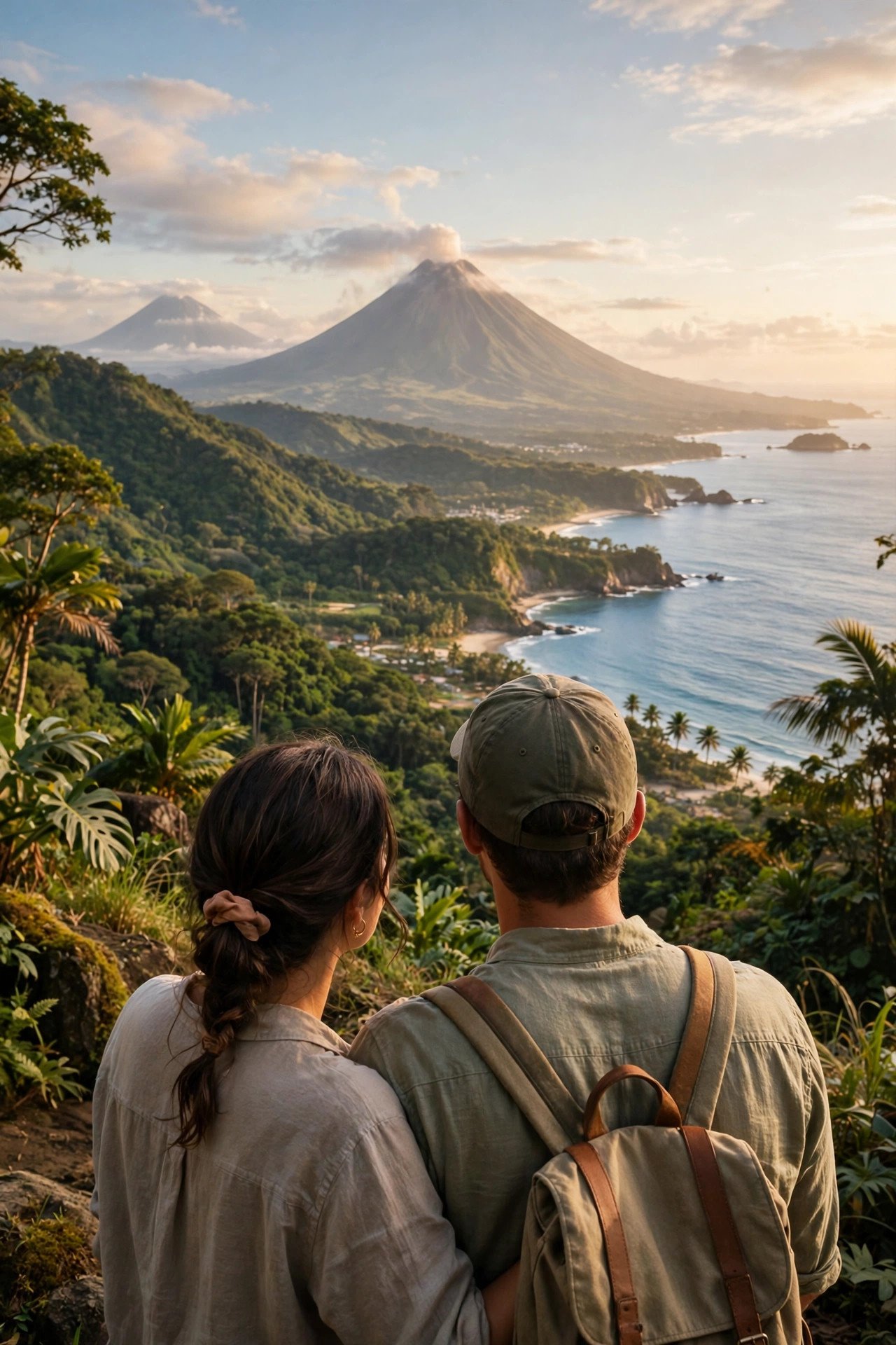 Couple tracing a seven-day Costa Rica route from Arenal volcano to the Pacific coast on a map