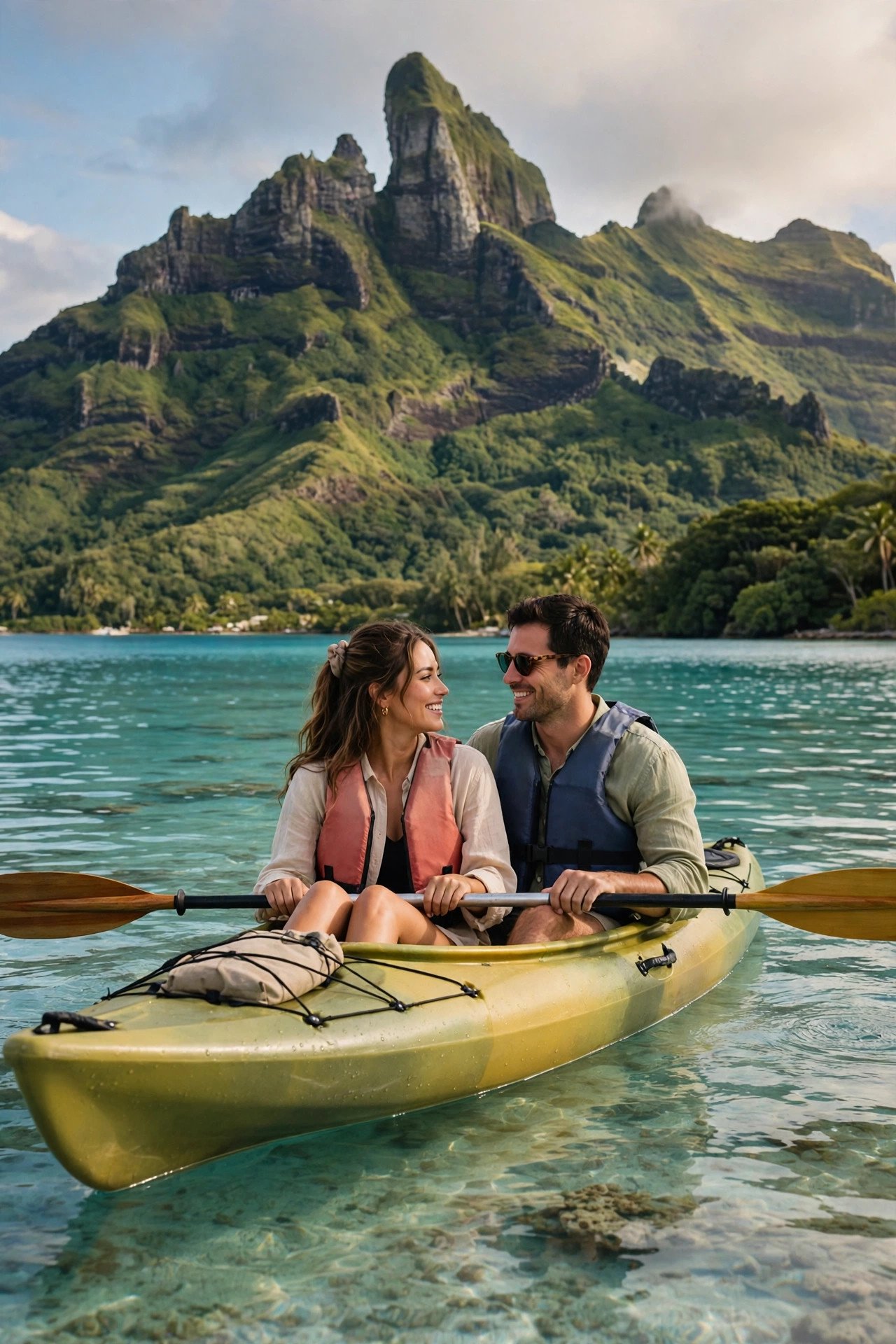 Couple kayaking on Moorea's turquoise lagoon with the island's jagged green peaks behind them