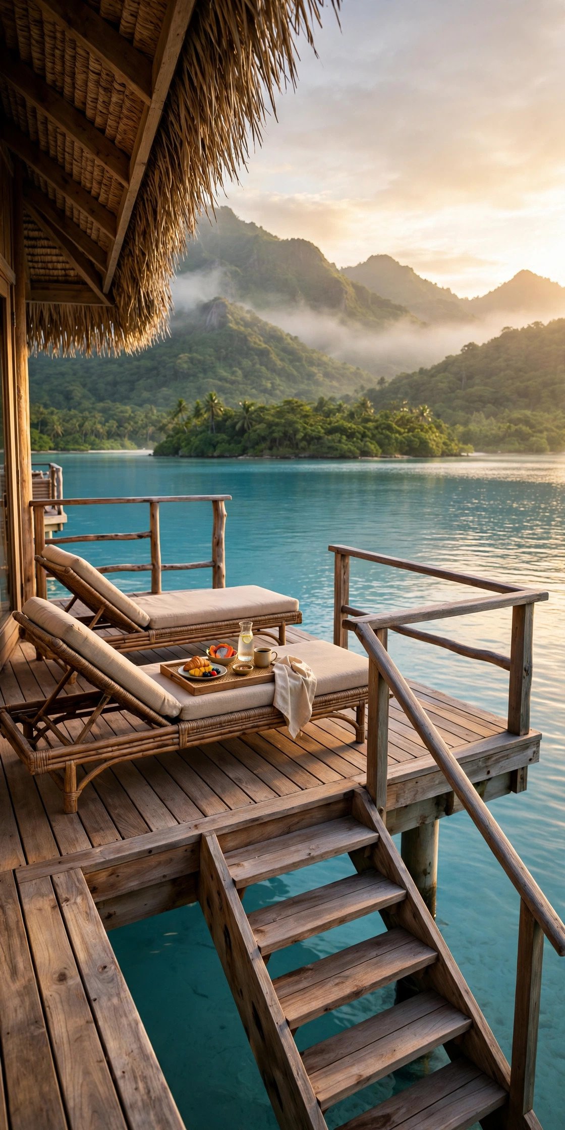 Couple stepping from their overwater villa deck straight into a turquoise lagoon at sunrise