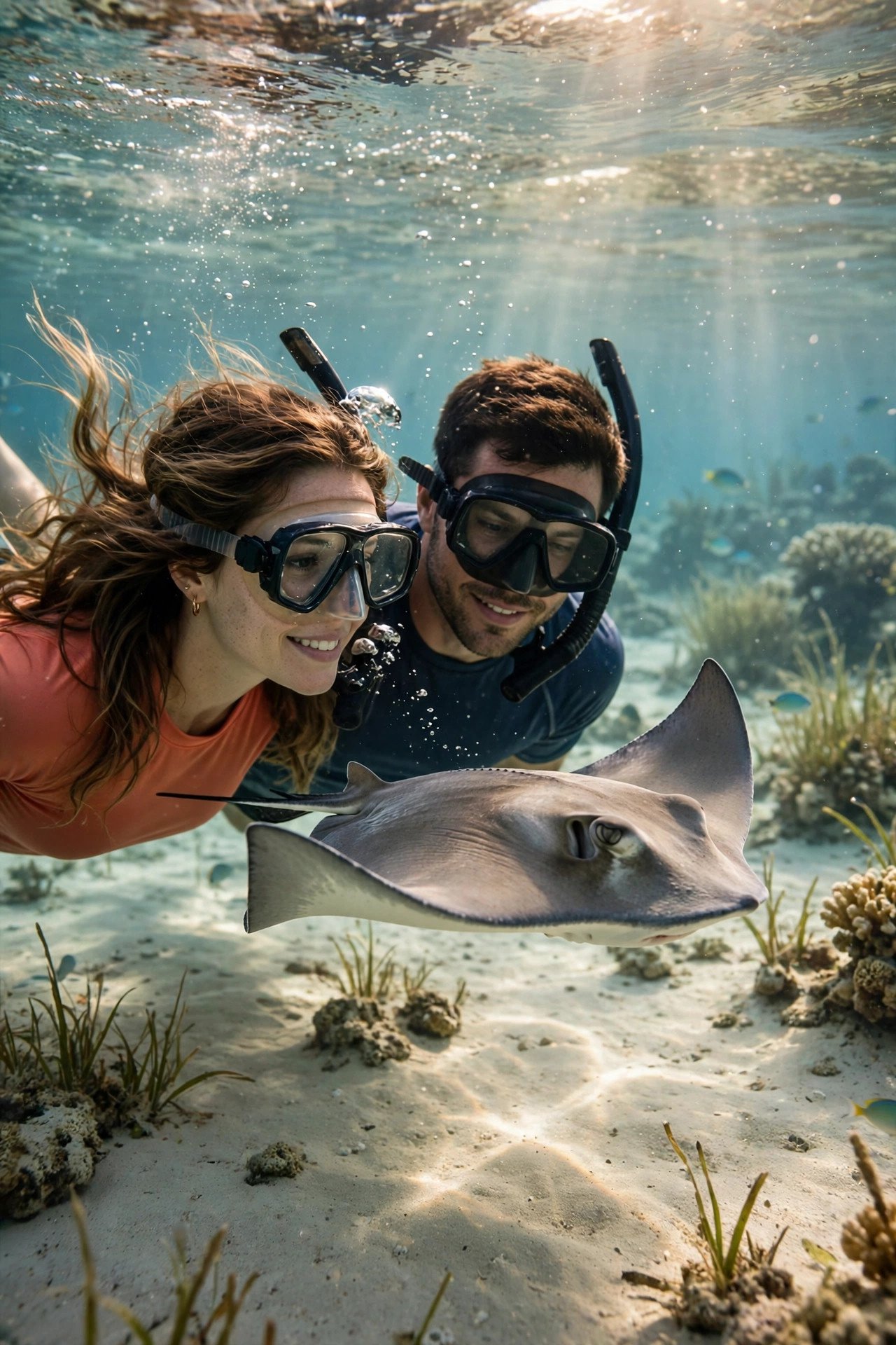 Couple snorkeling with a graceful stingray in the shallow clear lagoon of Bora Bora
