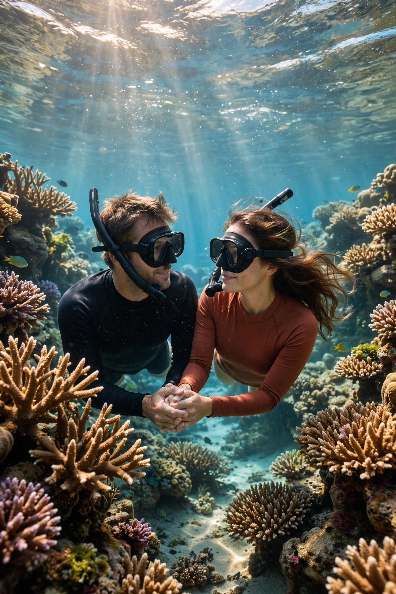 Couple drift snorkeling through the coral garden channel of Taha'a island in French Polynesia