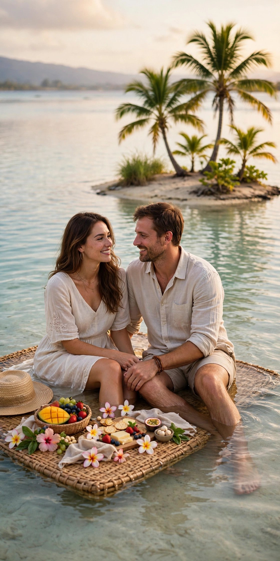 Couple enjoying a picnic set in shallow lagoon water beside a tiny palm-covered motu islet
