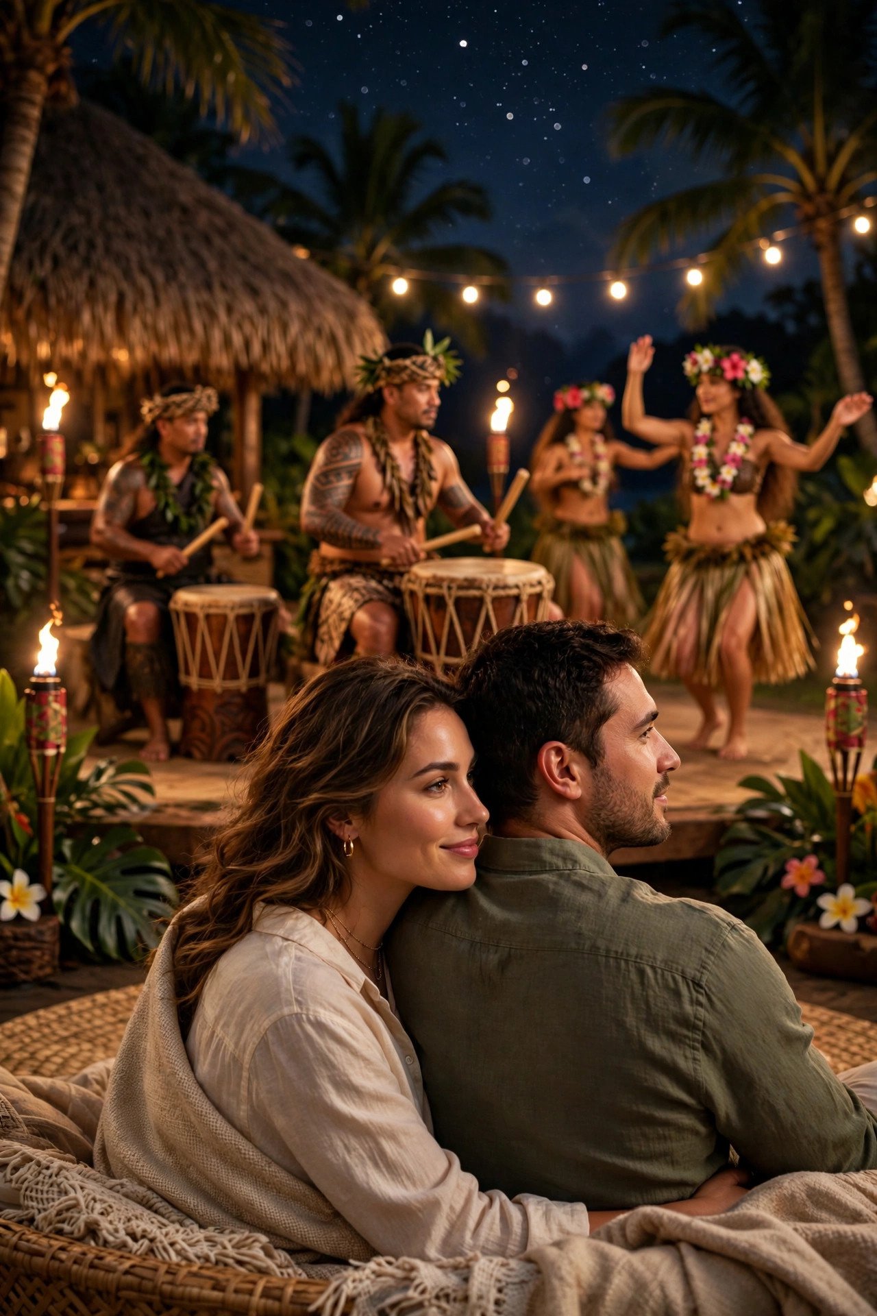 Couple watching a traditional Polynesian dance performance with drummers under the stars