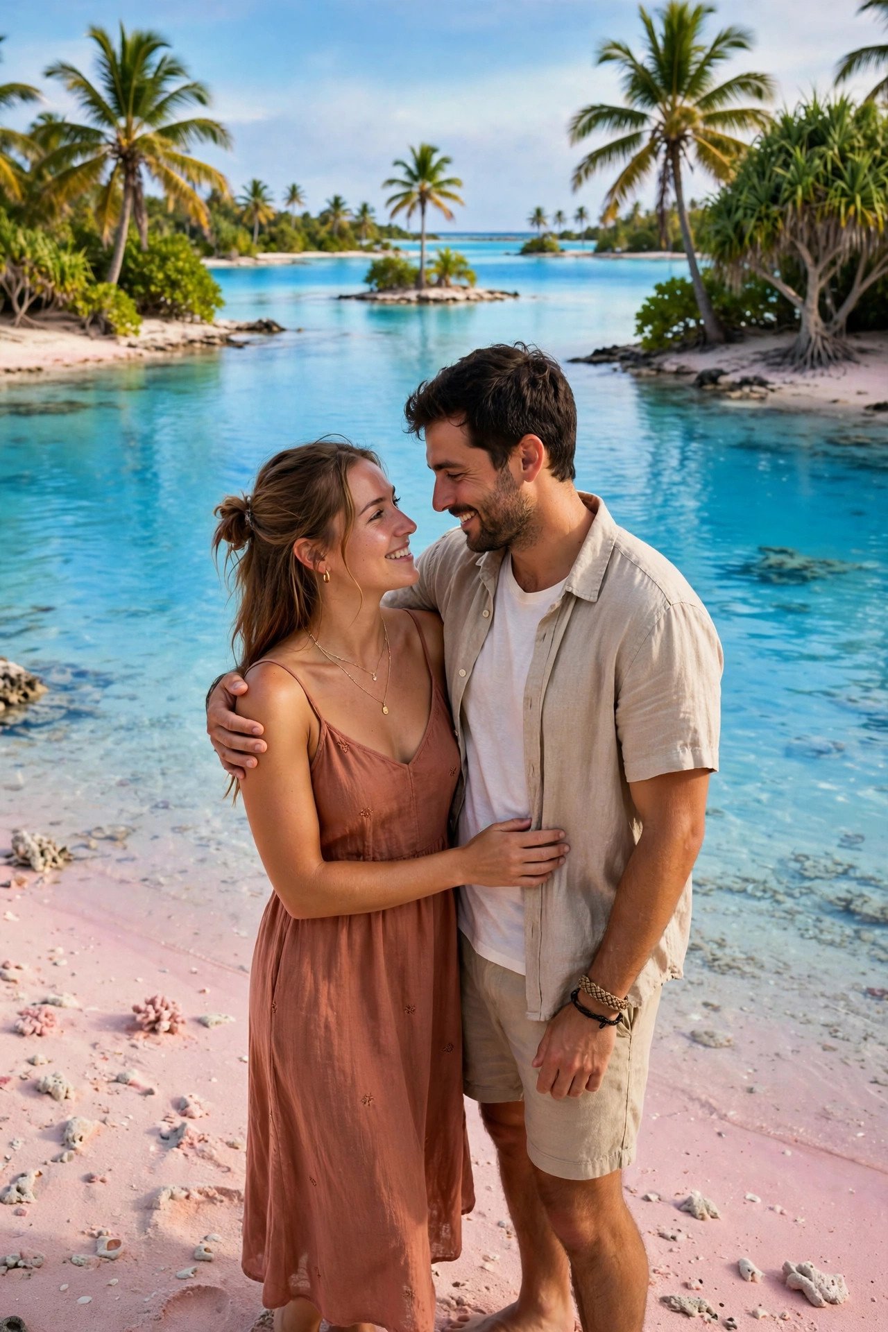 Couple standing on pink-tinged sand beside the Blue Lagoon of Rangiroa atoll in the Tuamotu islands