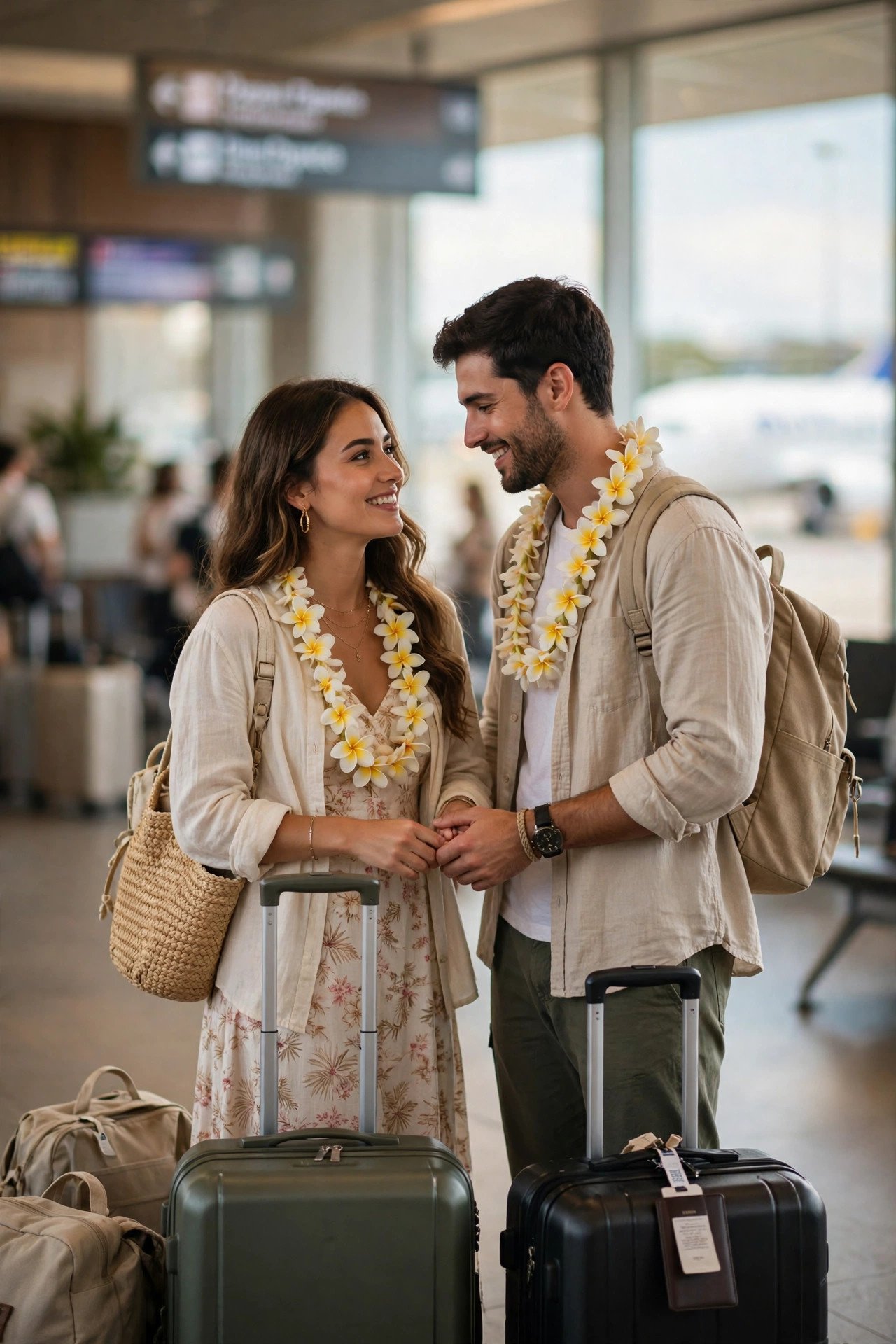 Couple boarding an international flight to Papeete for their French Polynesia honeymoon