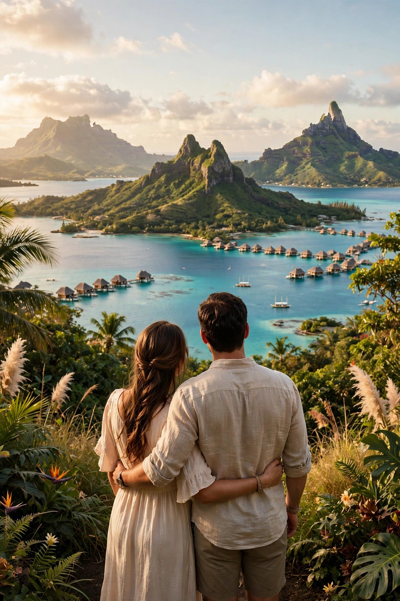 Couple tracing a nine-day route across Tahiti, Moorea and Bora Bora on a map of French Polynesia
