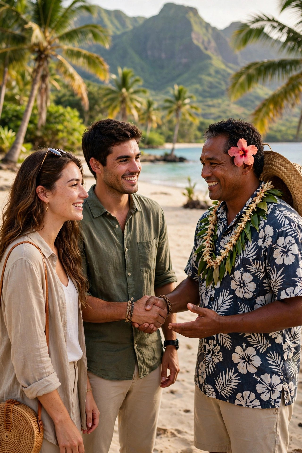 Couple greeting a local guide with a smile and practicing Tahitian words on a Moorea beach