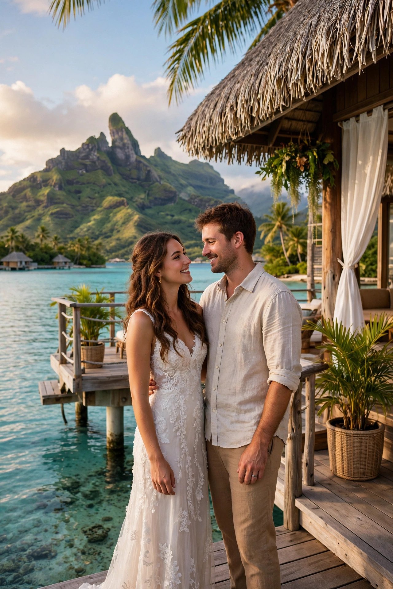 Newlywed couple standing on the deck of an overwater villa above a turquoise lagoon in French Polynesia