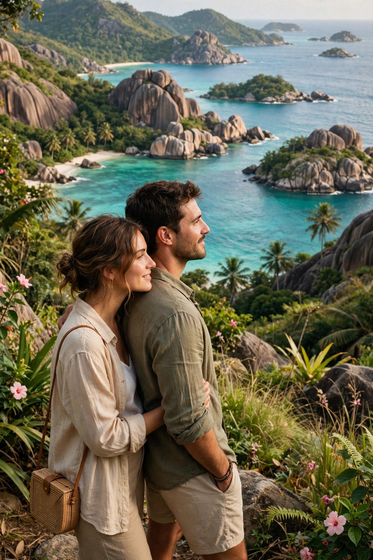 Couple overlooking a turquoise bay and granite headlands from a hillside viewpoint on Mahé island