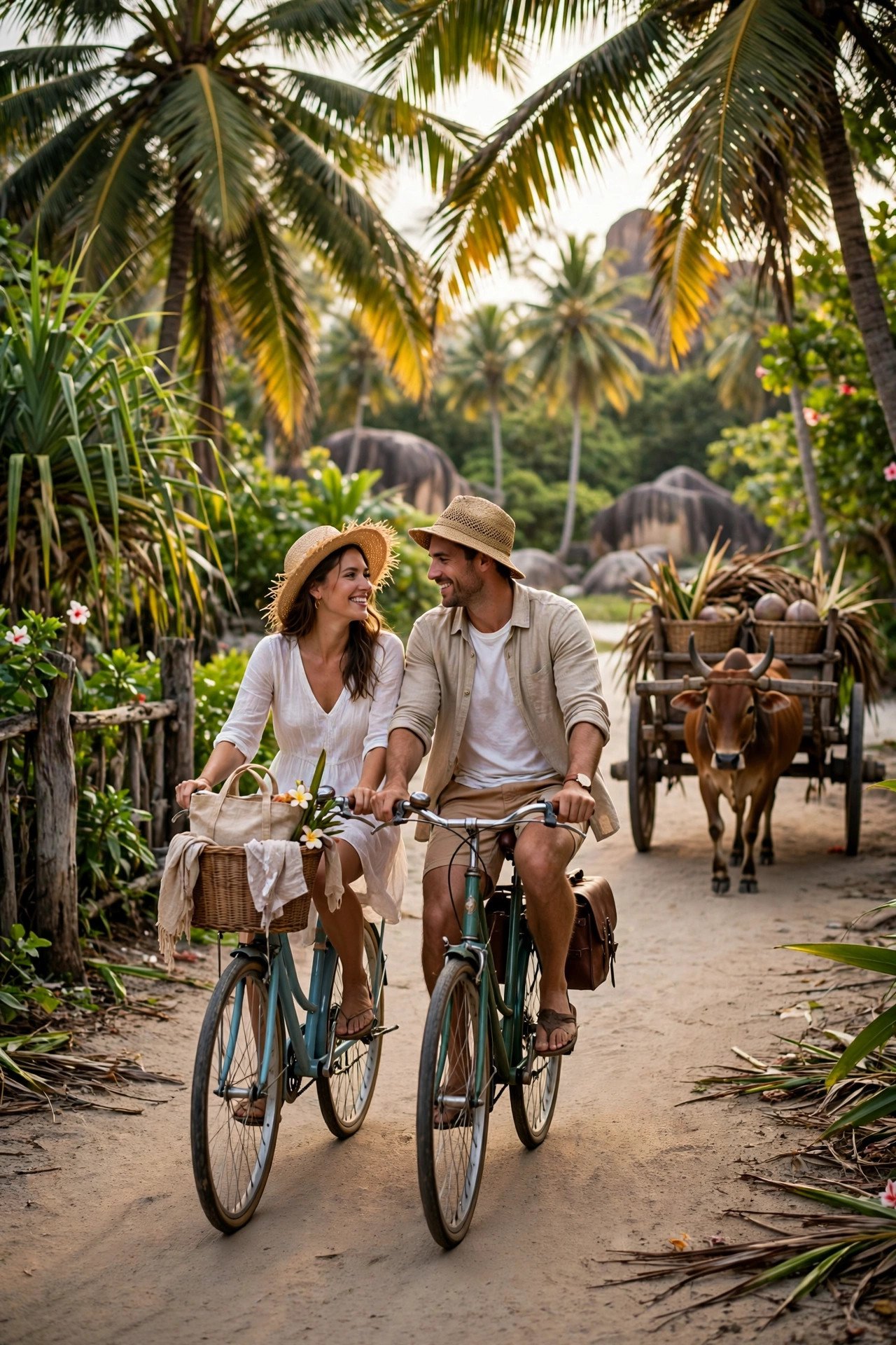 Couple cycling along a palm-shaded lane on La Digue island past an ox cart
