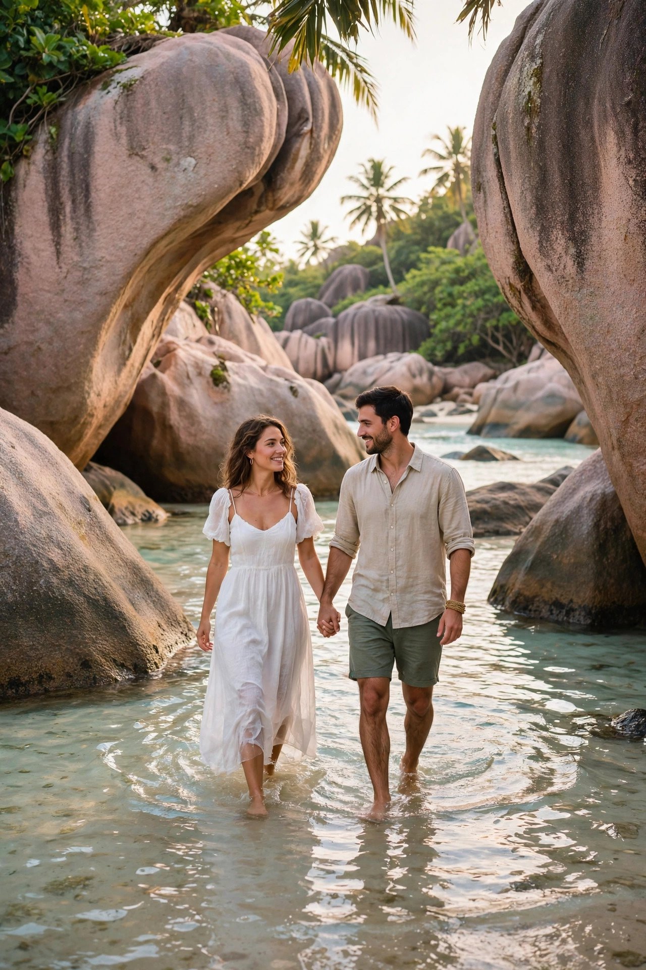 Couple walking through shallow water among the granite boulders of Anse Source d'Argent on La Digue