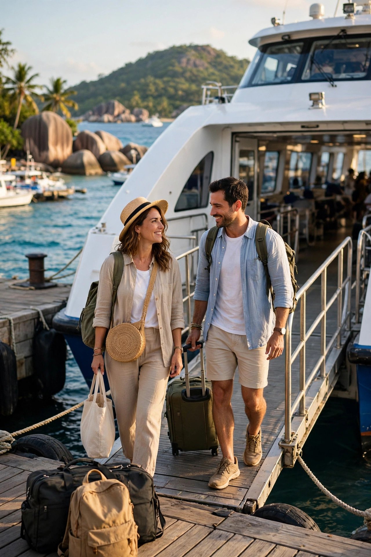 Couple boarding a fast inter-island ferry in Seychelles with their luggage
