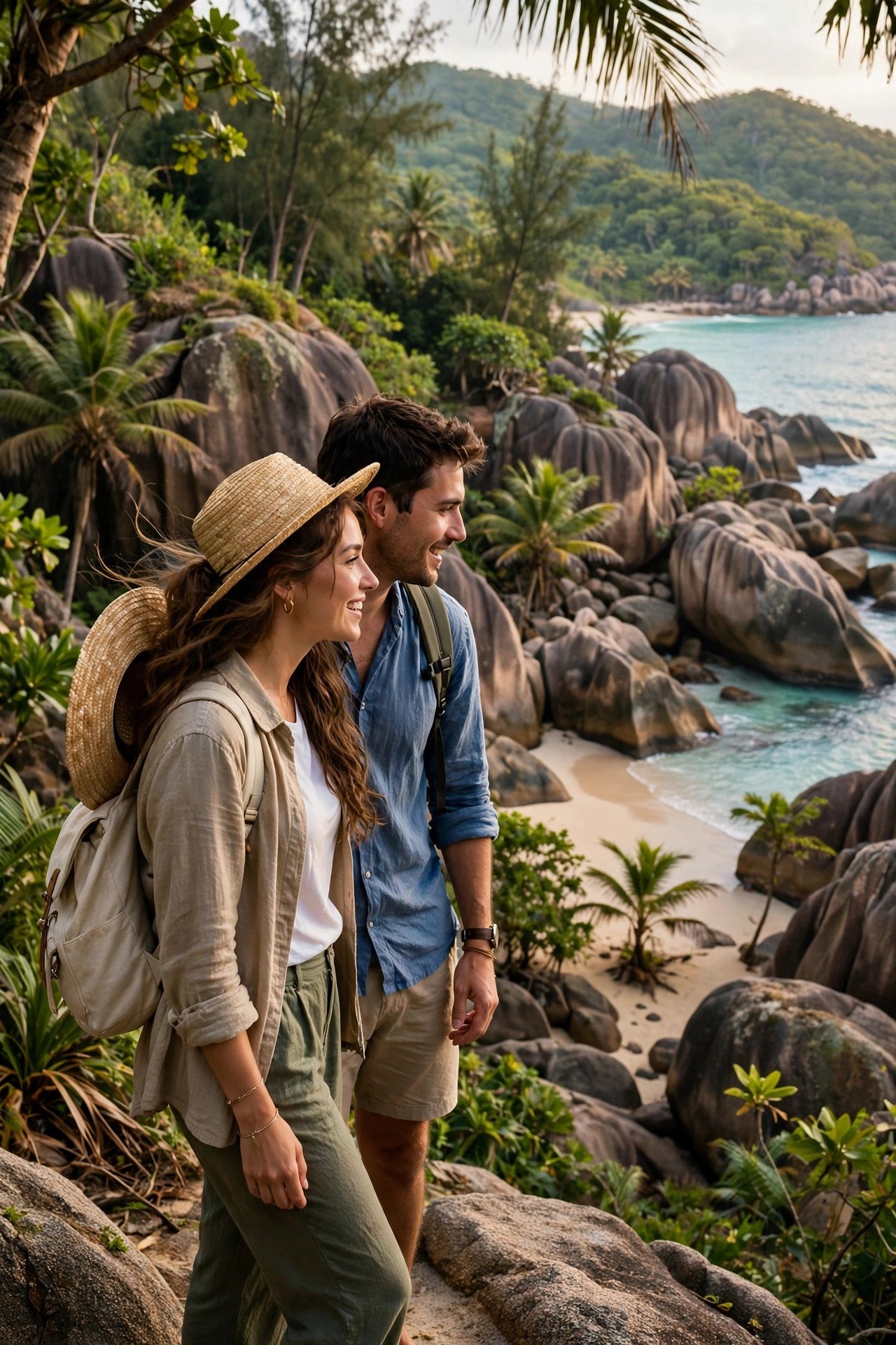 Couple discovering a hidden granite cove with a tiny sandy beach on Mahé's wild south coast