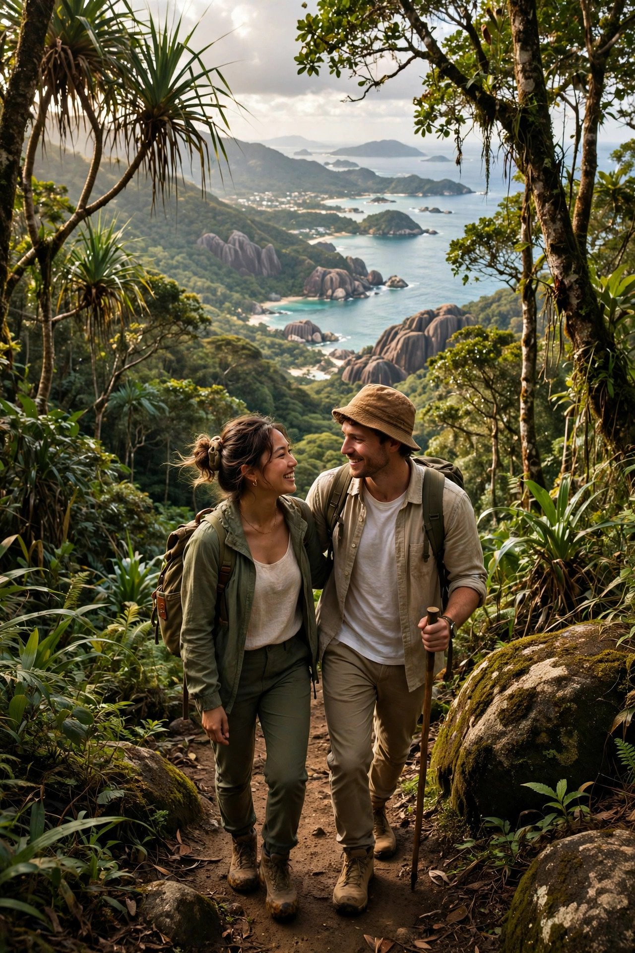 Couple hiking a forest trail in Morne Seychellois National Park with views over Mahé's coast