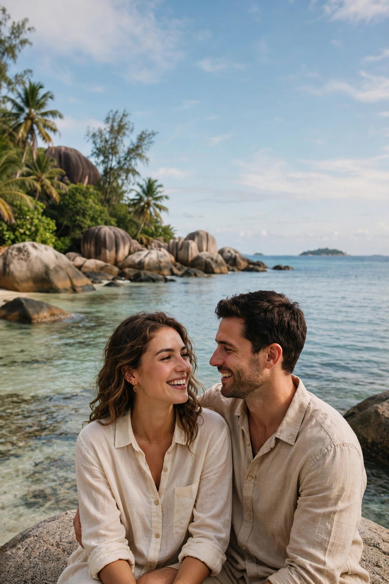 Couple enjoying calm clear sea and blue skies during Seychelles' shoulder season