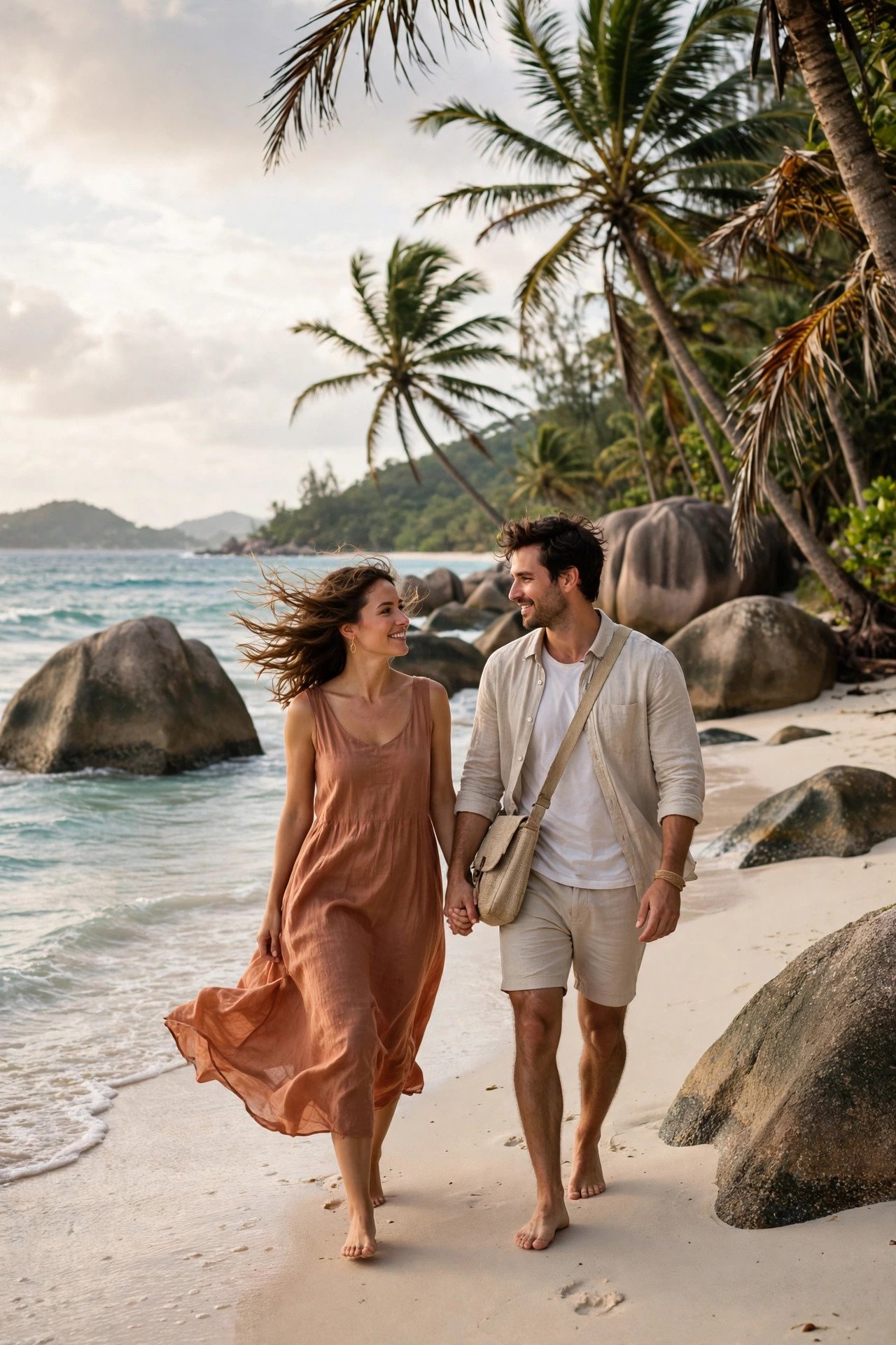 Couple walking a breezy beach in Seychelles during the southeast trade wind season