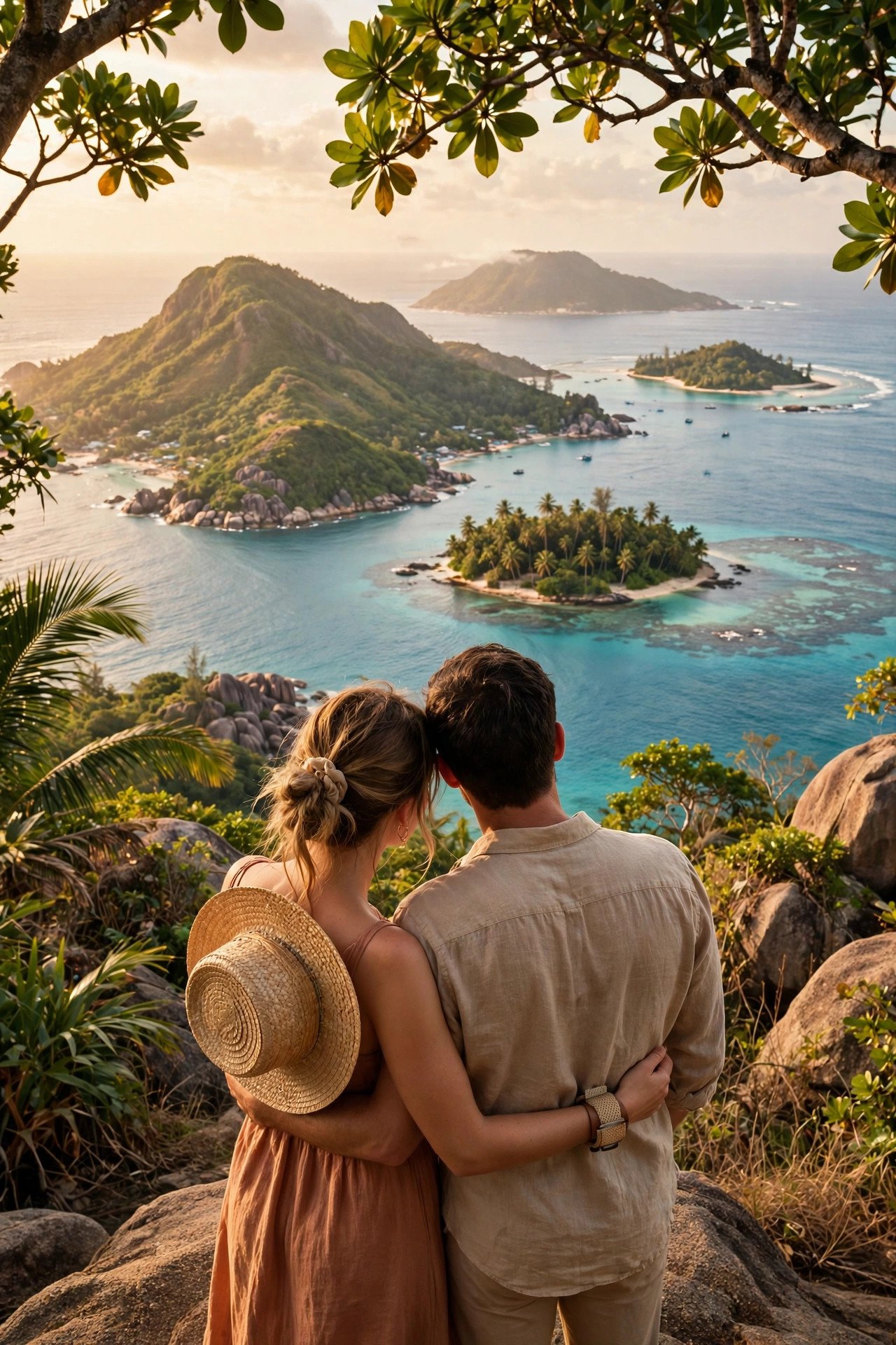 Couple tracing an eight-day Seychelles route across Mahé, Praslin and La Digue on a map