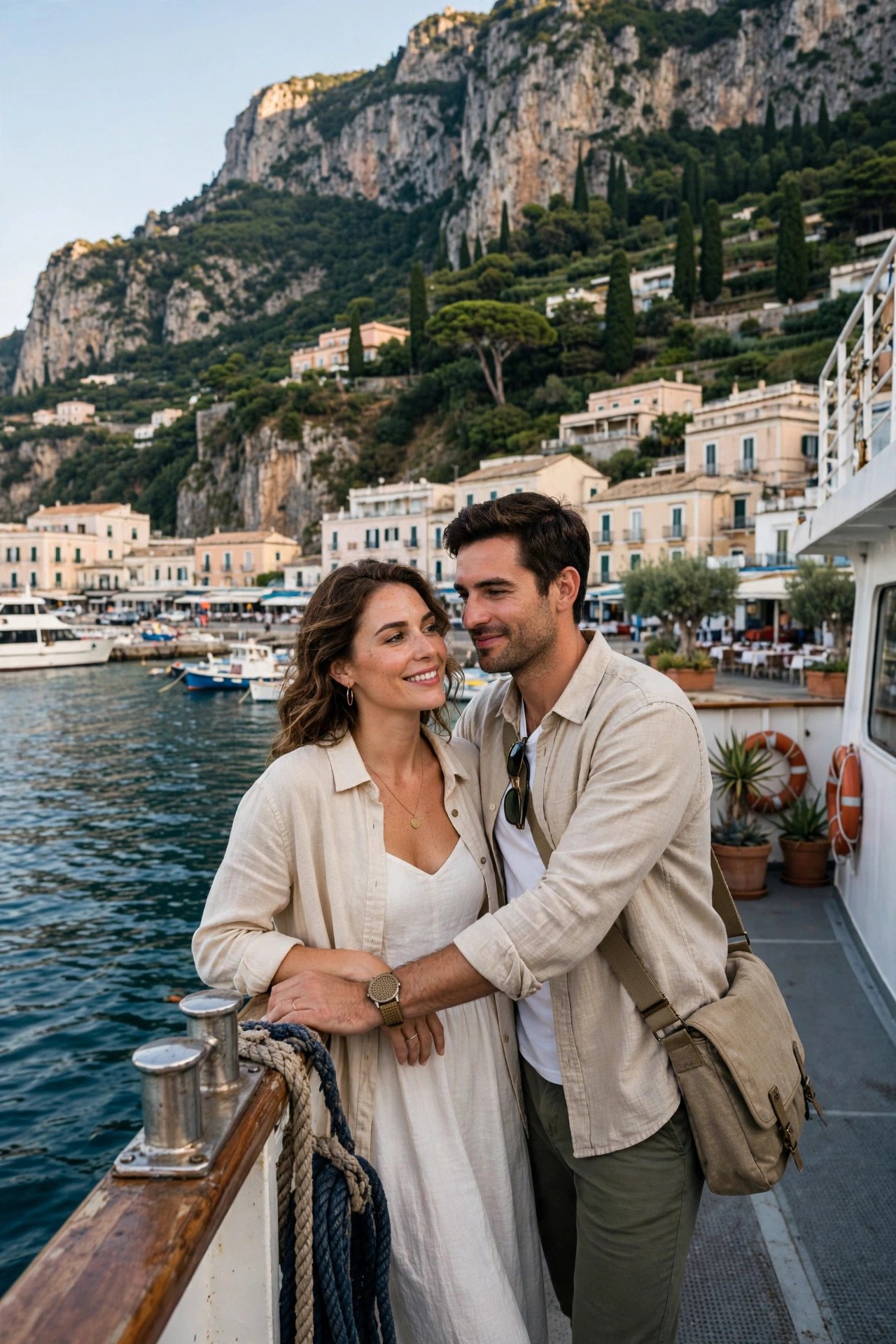 Couple arriving by ferry at Capri's Marina Grande with the island's cliffs rising above the harbor